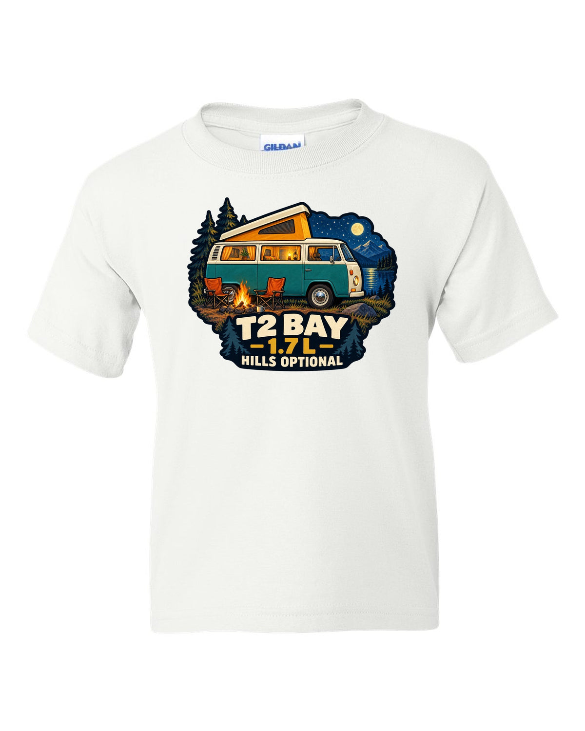 1972 VW Bus T2 Bay Window at a night camp painted in gouache white kids tee front view with the design