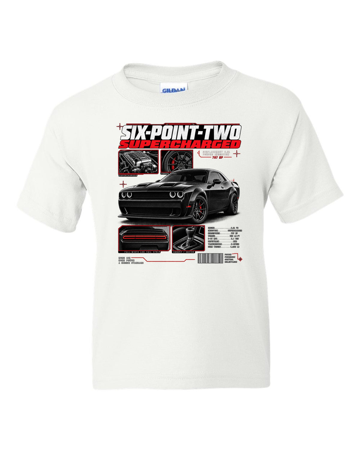 Dossier panel print of a 2018 Dodge Challenger LC/LA with 6.2 supercharged and 707 HP text white kids tee front view with the design