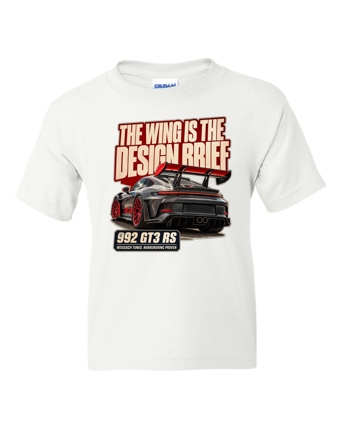 Porsche 992 GT3 RS editorial headline print design white kids tee front view with the design