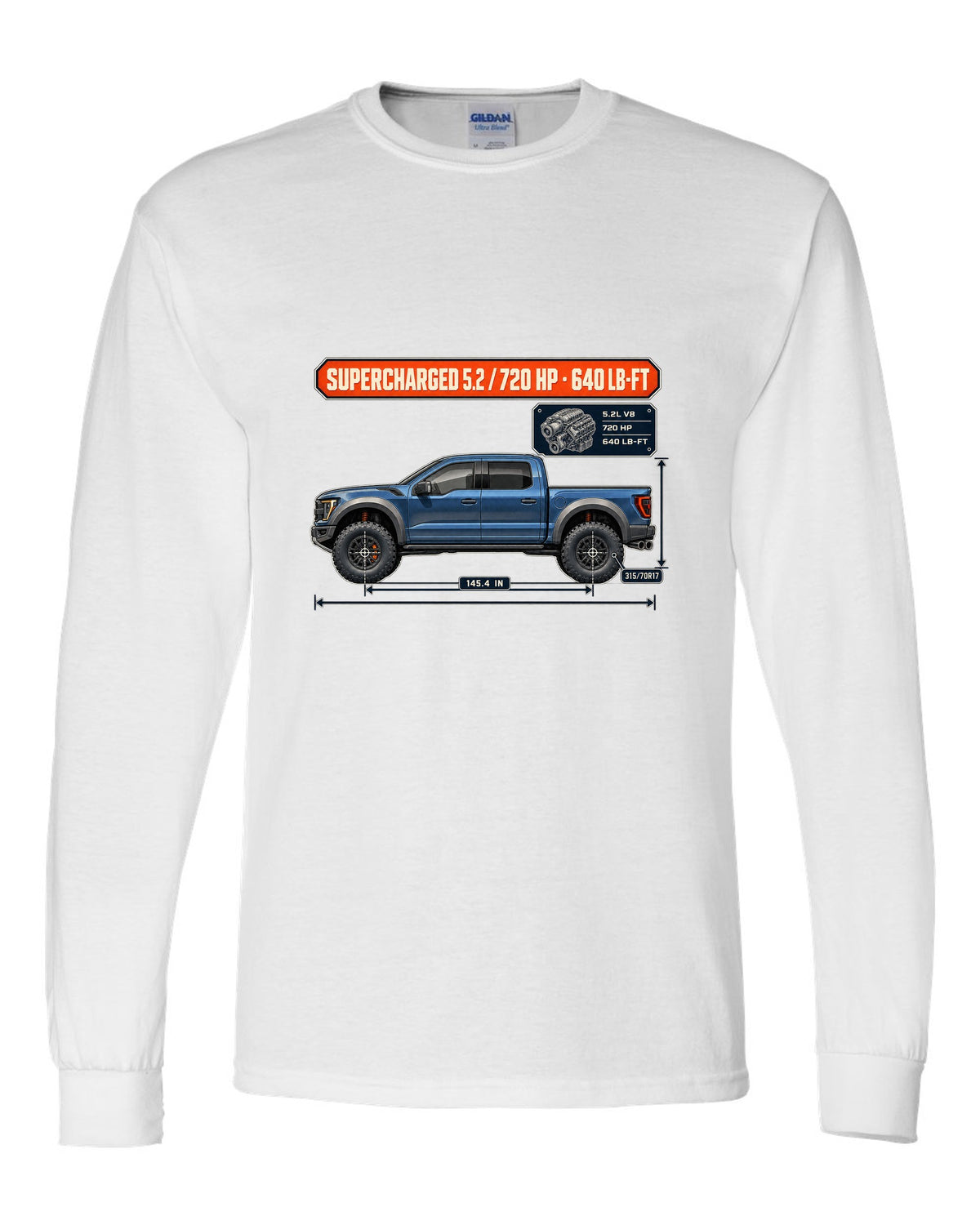 Ford F-150 Raptor R 2023 dimension blueprint print with 720 HP spec white long sleeve front view with the design