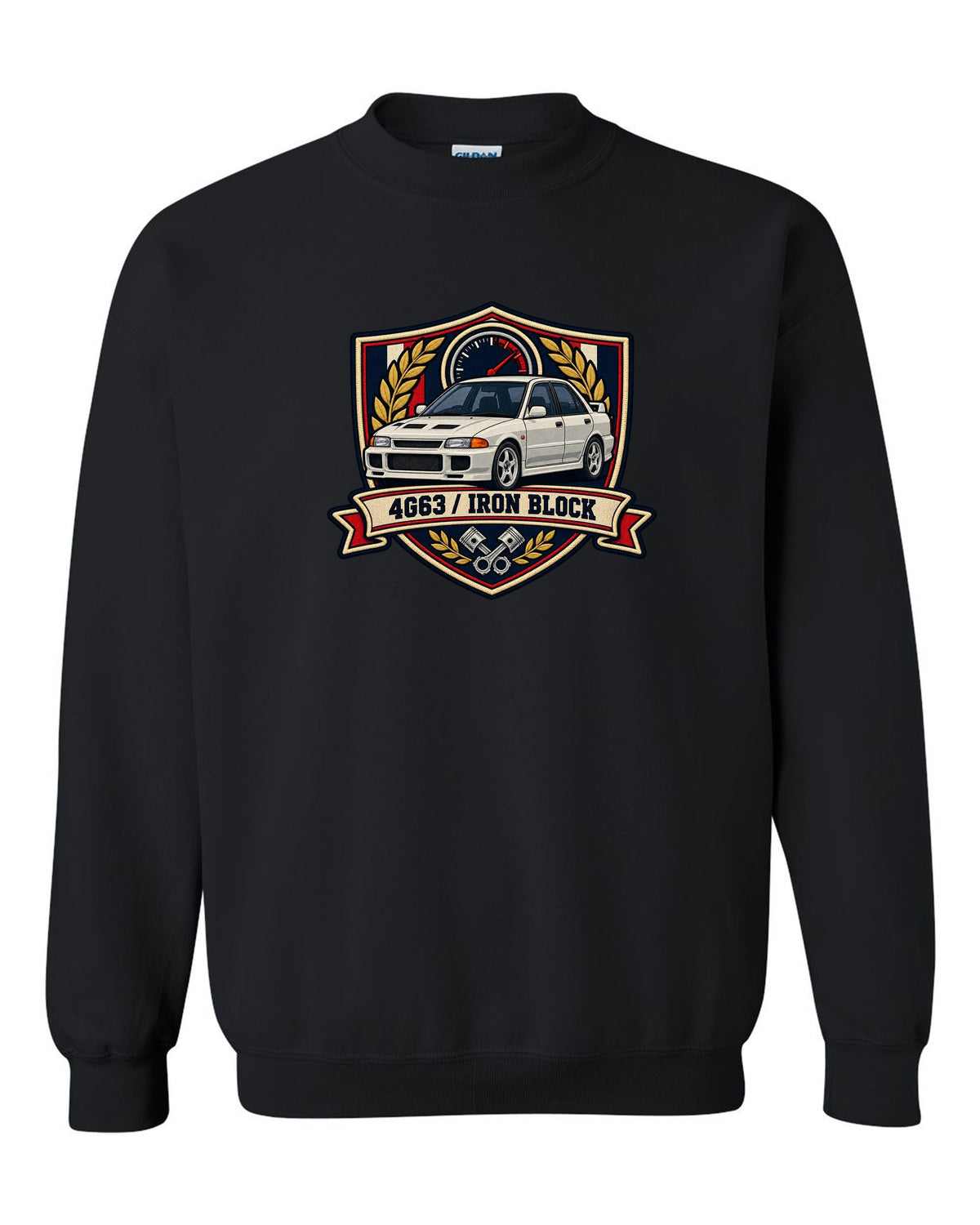 Mitsubishi Lancer Evolution I CD9A embroidered varsity crest print, 4G63 / IRON BLOCK black crewneck front view with the design