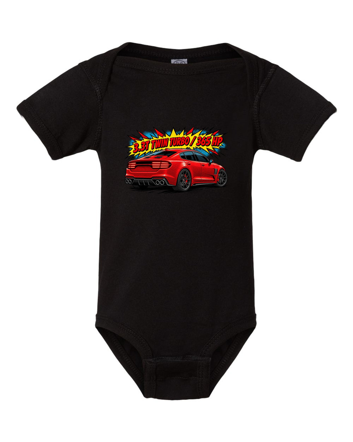 Comic halftone print of a Kia Stinger GT CK rear with 3.3T twin turbo 365 HP text black baby onesie front view with the design