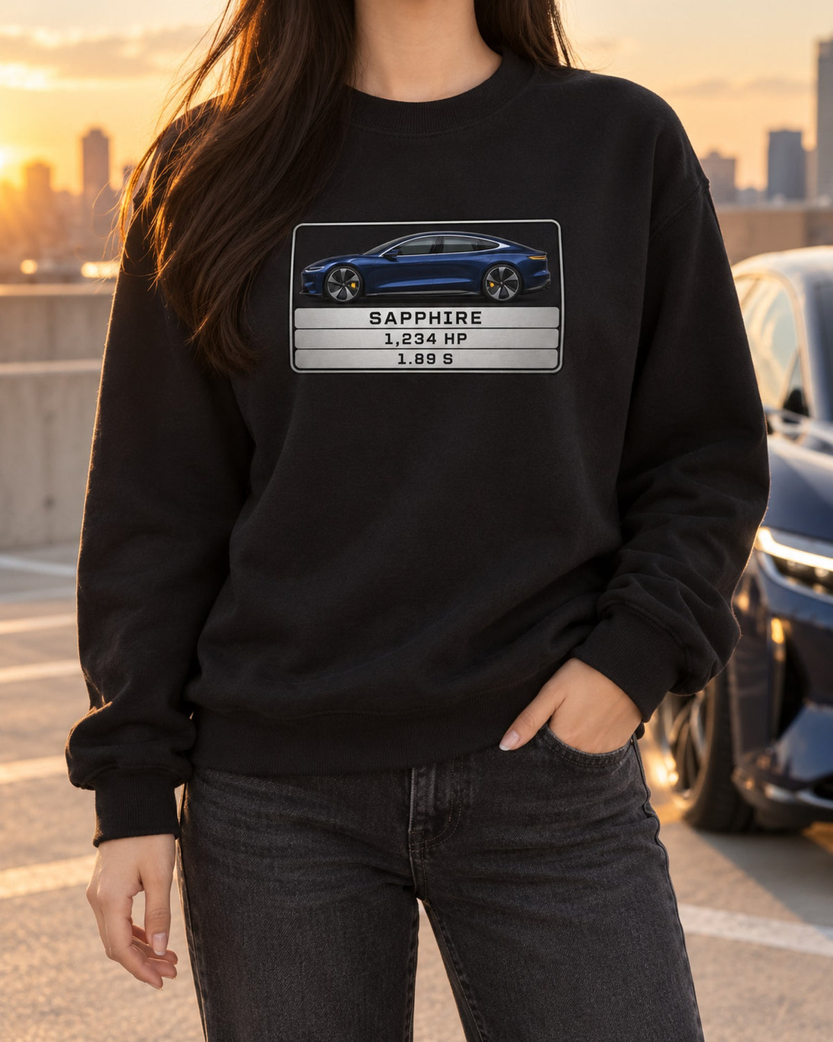 Lucid Air Sapphire Spec Plate Shirt, Monospace Data Print Crewneck Black worn hero