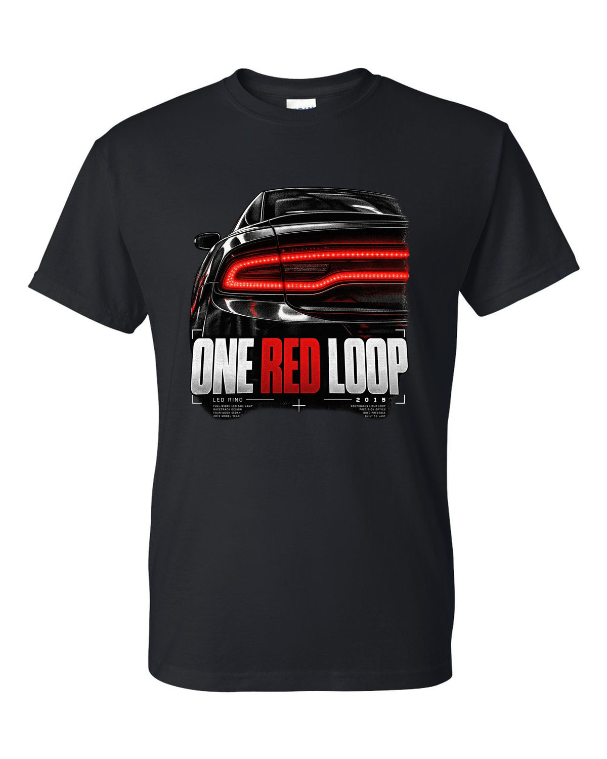 Macro print of a 2015 Dodge Charger LX/LD red LED ring taillight black t-shirt front view with the design