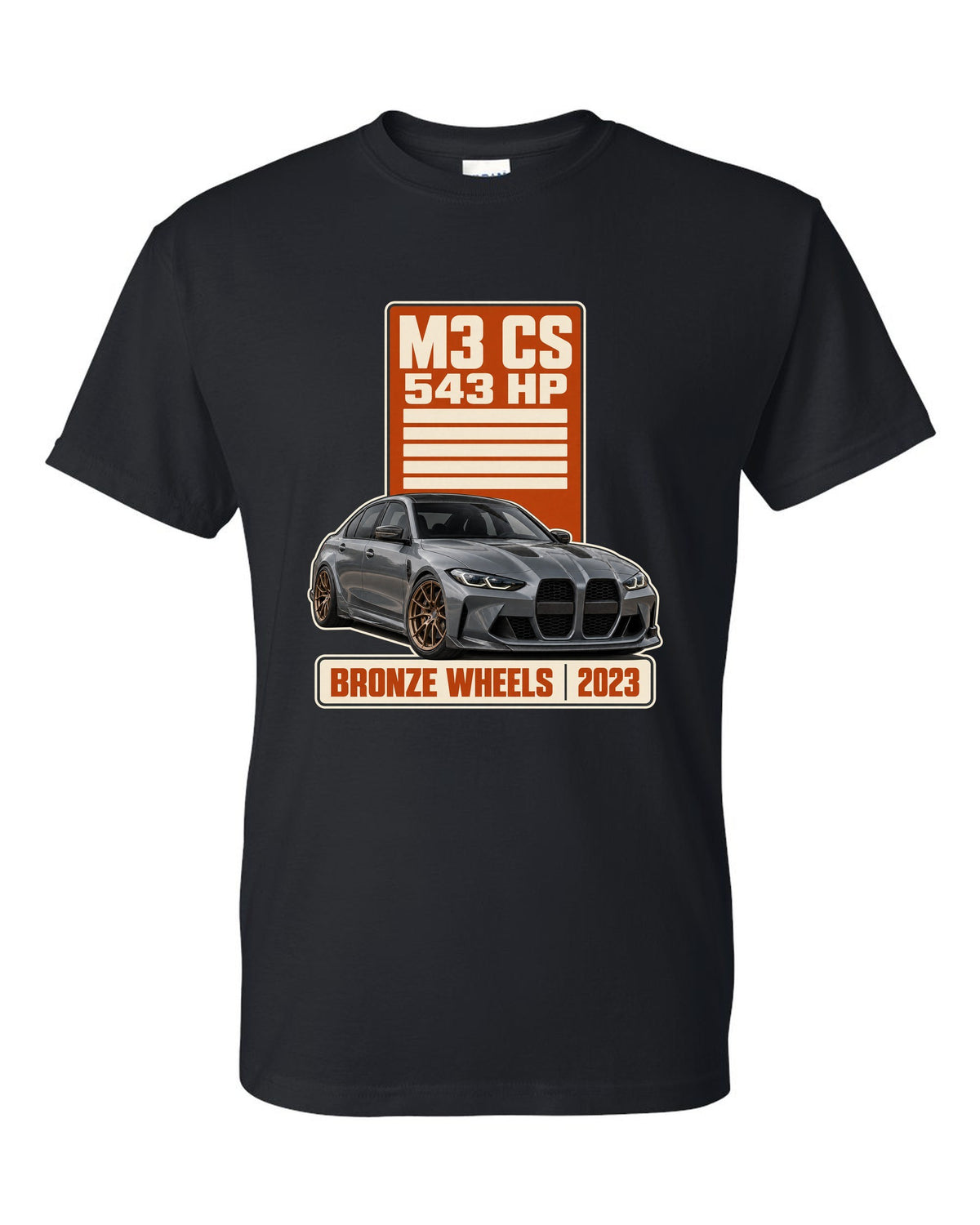 BMW M3 CS G80 spec poster print with 543 hp and bronze wheels text black t-shirt front view with the design