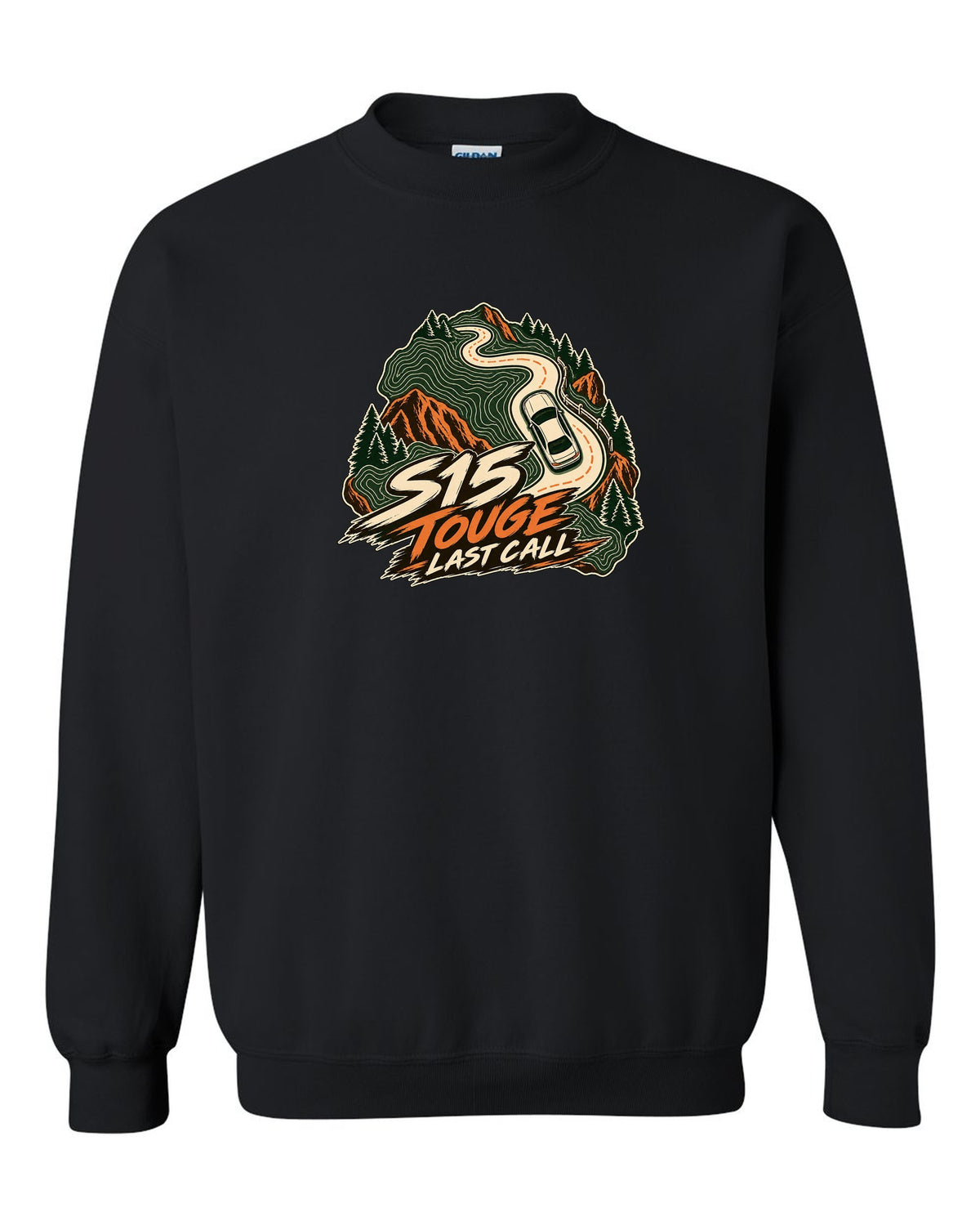 Topographic contour map line art of a mountain road with a Nissan Silvia S15 black crewneck front view with the design