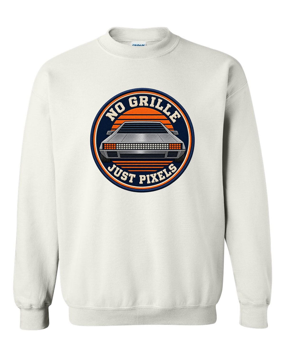 Varsity crest design of the Hyundai N Vision 74 concept with pixel styling white crewneck front view with the design