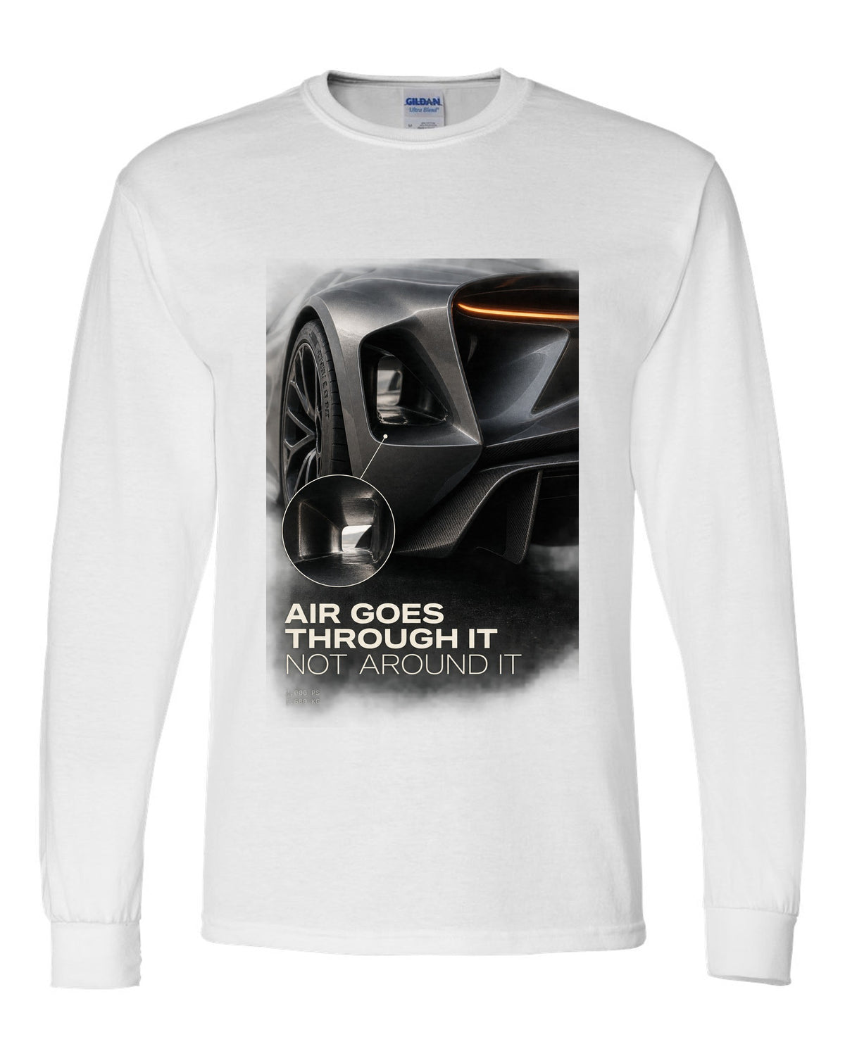 Lotus Evija rear three-quarter tunnel macro print with air goes through it text white long sleeve front view with the design