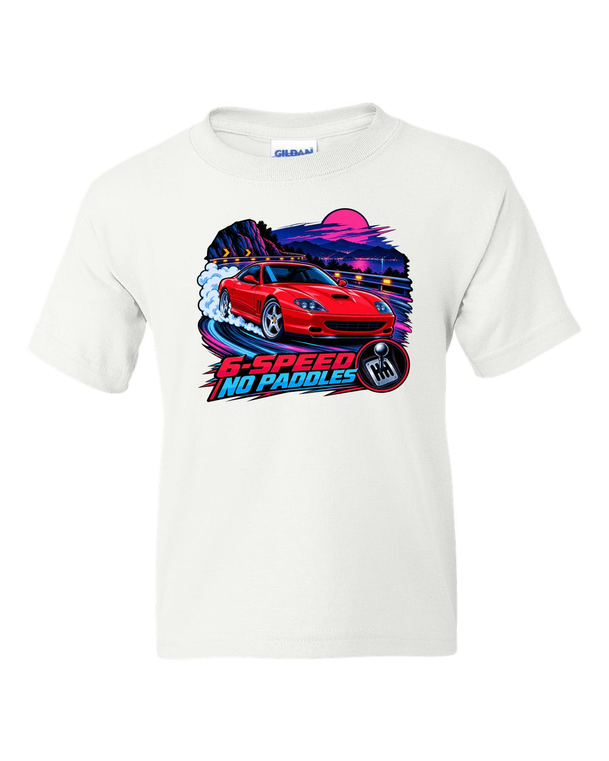Cel-shaded anime night touge print of a Ferrari 550 Maranello with 6-Speed No Paddles lettering white kids tee front view with the design