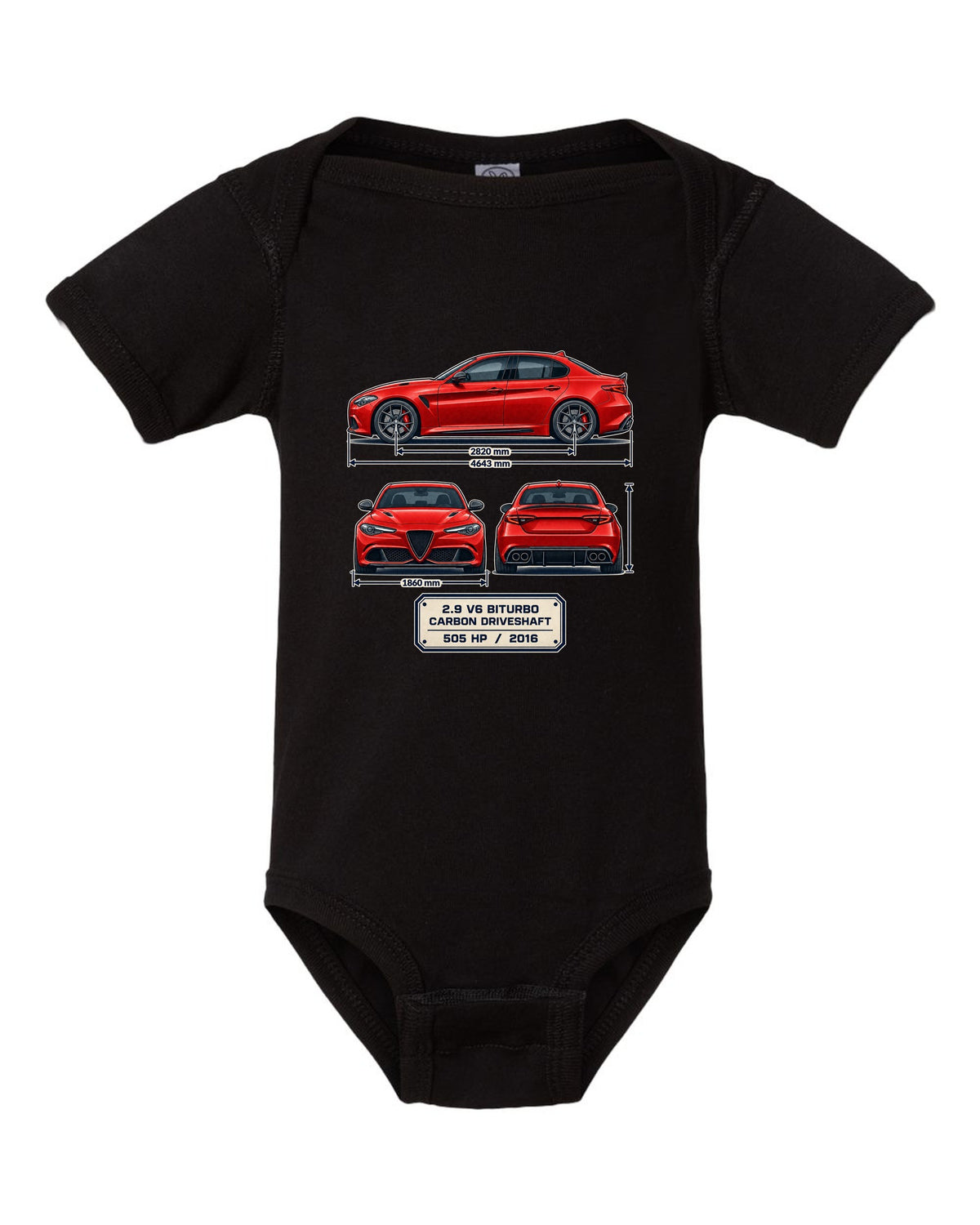 Alfa Romeo Giulia Quadrifoglio three-view spec print black baby onesie front view with the design