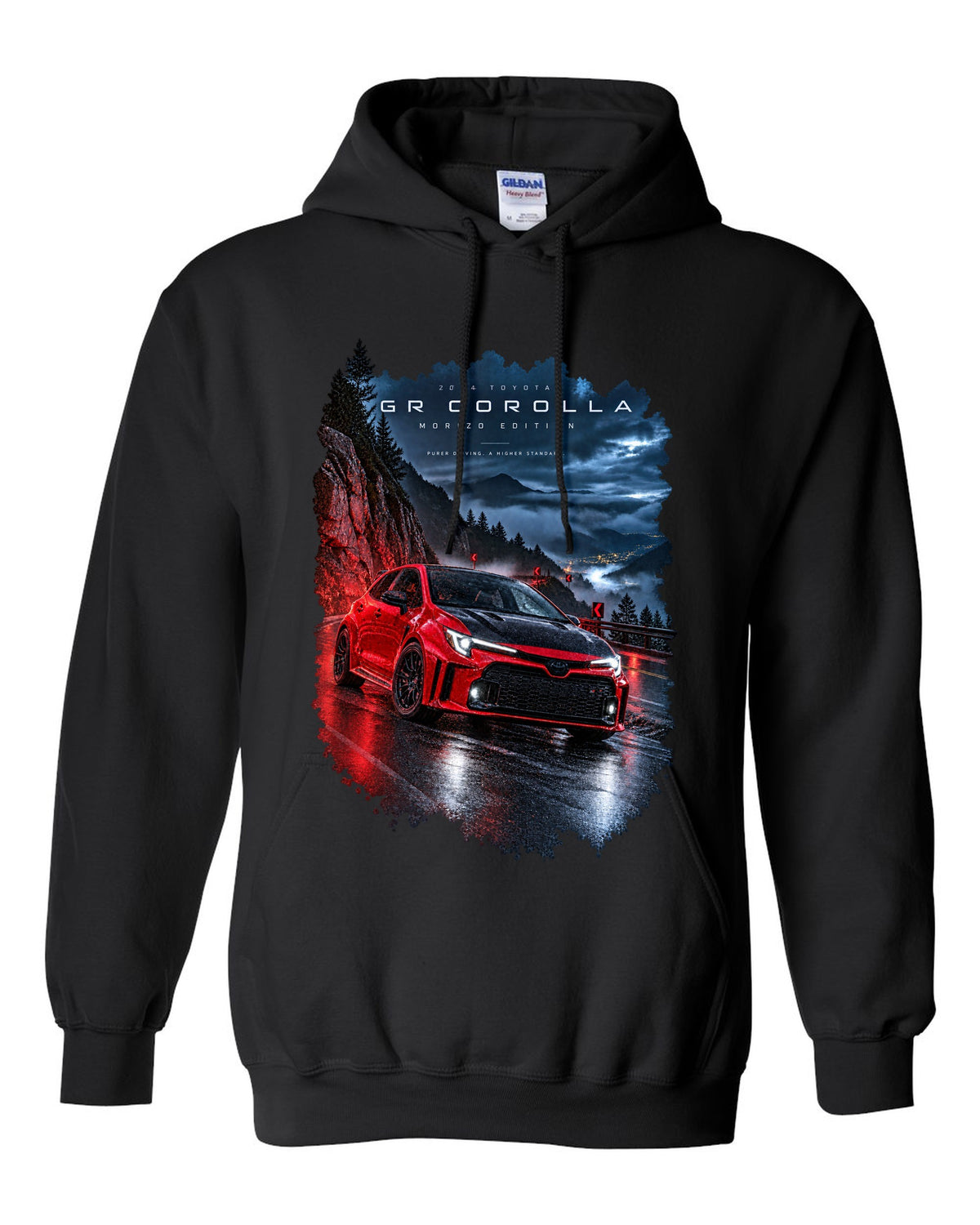 Toyota GR Corolla Morizo Edition on a wet mountain road at night black pull over hoodie front view with the design