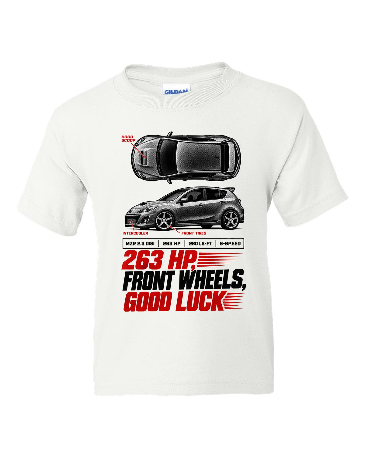 Top-down and profile views of a Mazdaspeed3 BK with 263 HP spec poster text white kids tee front view with the design