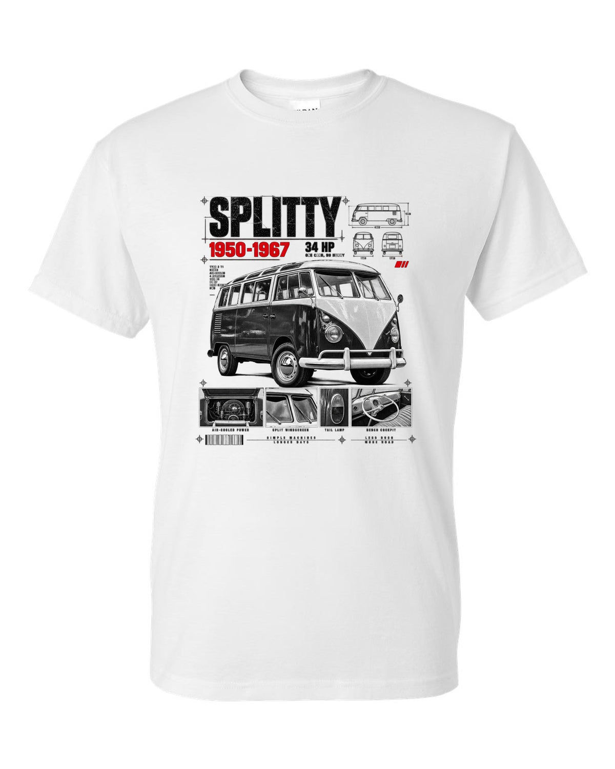 Dossier panel print of a 1962 VW T1 split-window Kombi with spec text white t-shirt front view with the design