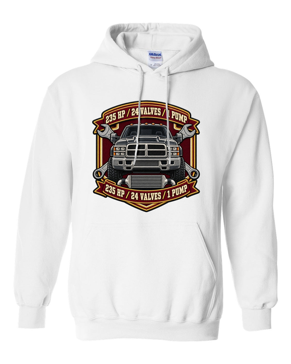 Varsity crest print for the 1998.5-2002 Dodge Ram 2500 24V Cummins with 235 HP, 24 valves, 1 pump white pull over hoodie front view with the design