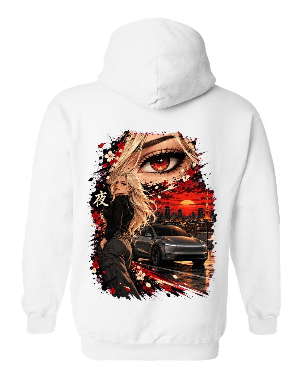 Tesla Model Y Juniper Anime Girl Pull Over Hoodie White back