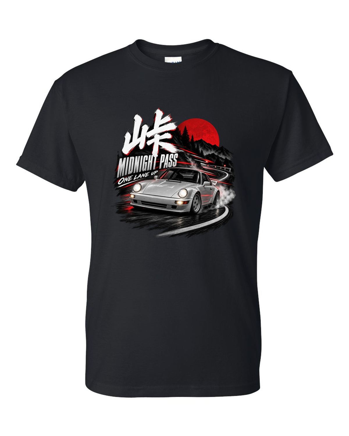 Touge night print of an outlaw-style Porsche 911 Carrera 4 964 on a mountain pass black t-shirt front view with the design