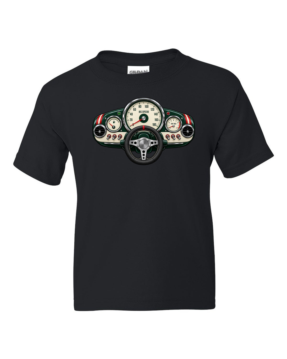 Gauge-cluster print for the Mini Cooper S R53 with big speedo and tiny tach lettering black kids tee front view with the design
