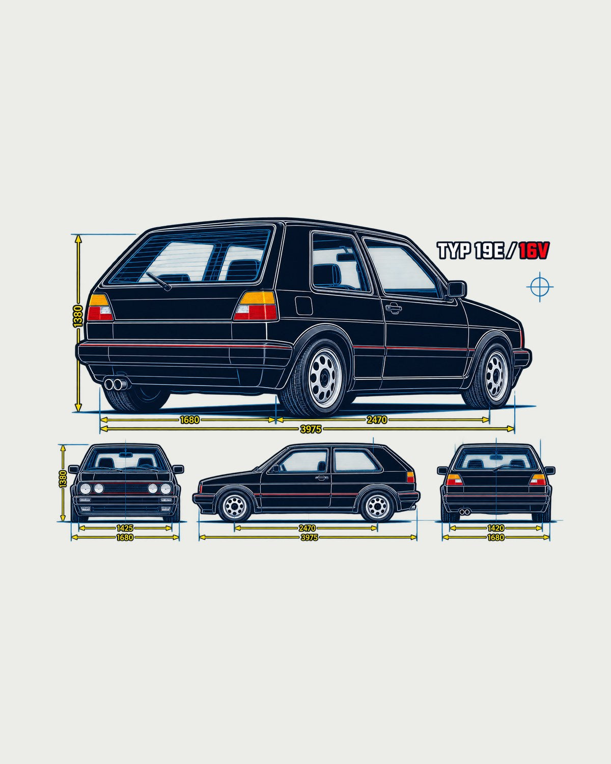 VW Golf Mk2 GTI 16V Blueprint Shirt, Typ 19E Patent Art design only