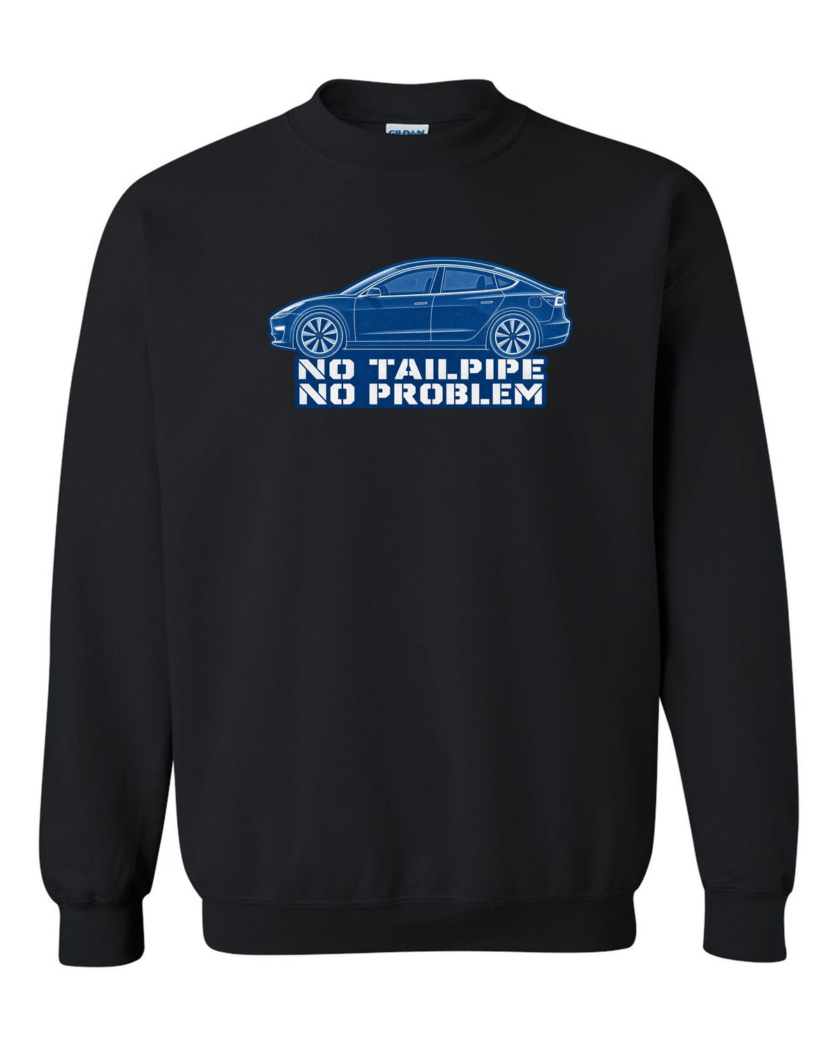 Cyanotype negative blueprint of a 2017-2023 Tesla Model 3 with the words No Tailpipe No Problem black crewneck front view with the design