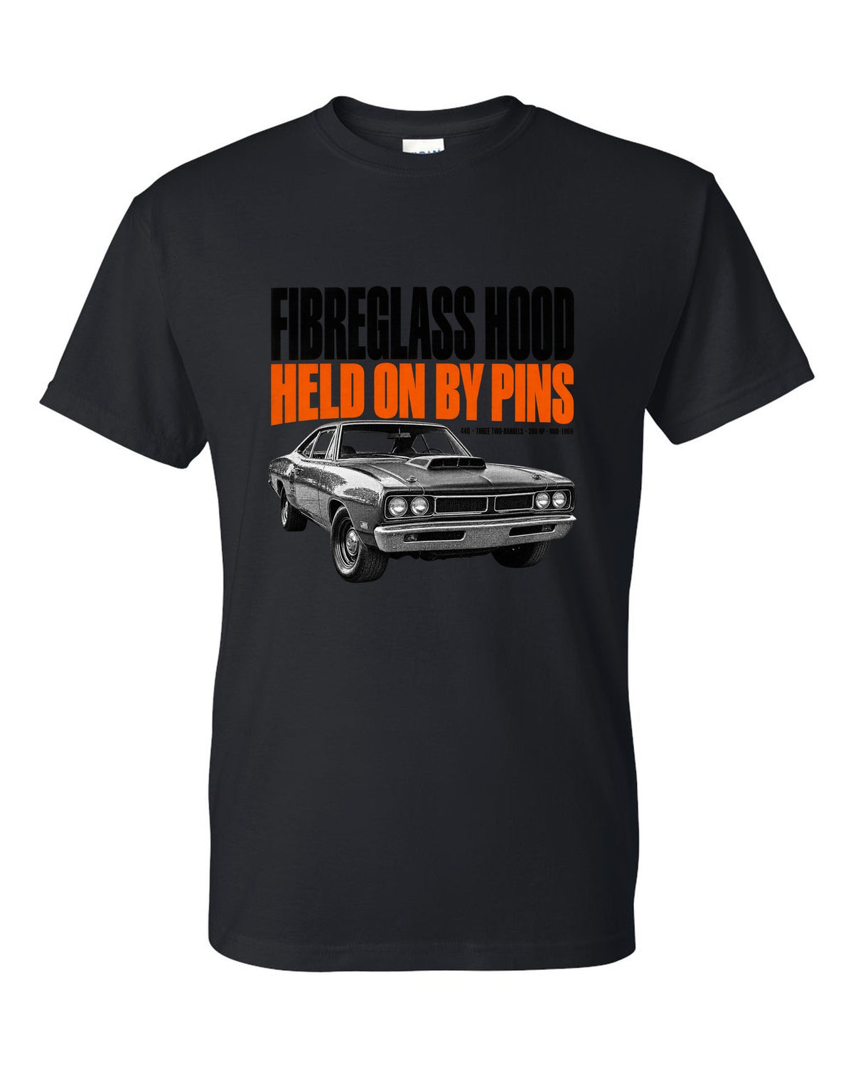 1969 Dodge Coronet Super Bee A12 hood halftone print with fibreglass hood and pins lettering black t-shirt front view with the design