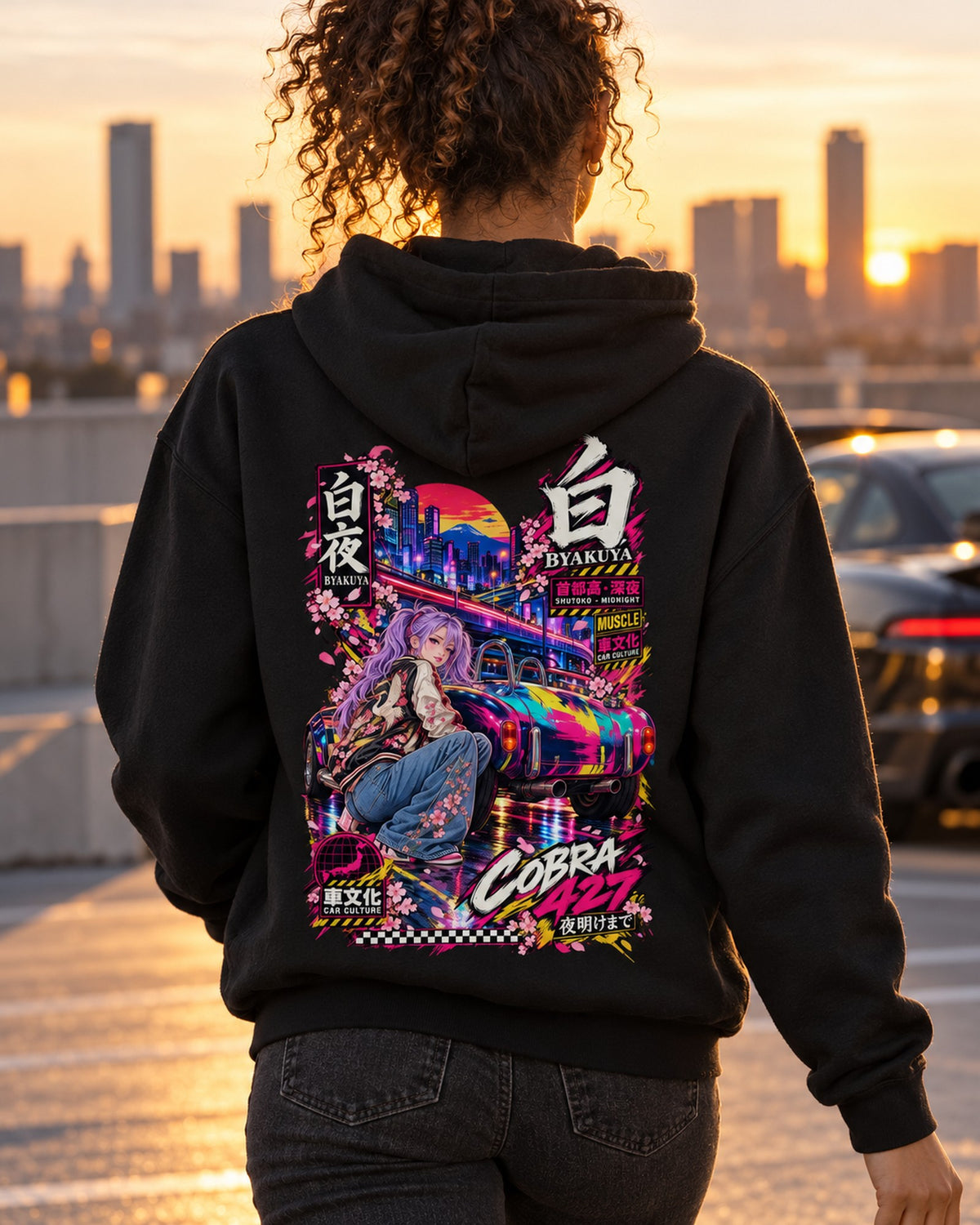 BYAKUYA COBRA 427 Anime Girl Full-Back Graphic Tee Pull Over Hoodie Black worn hero