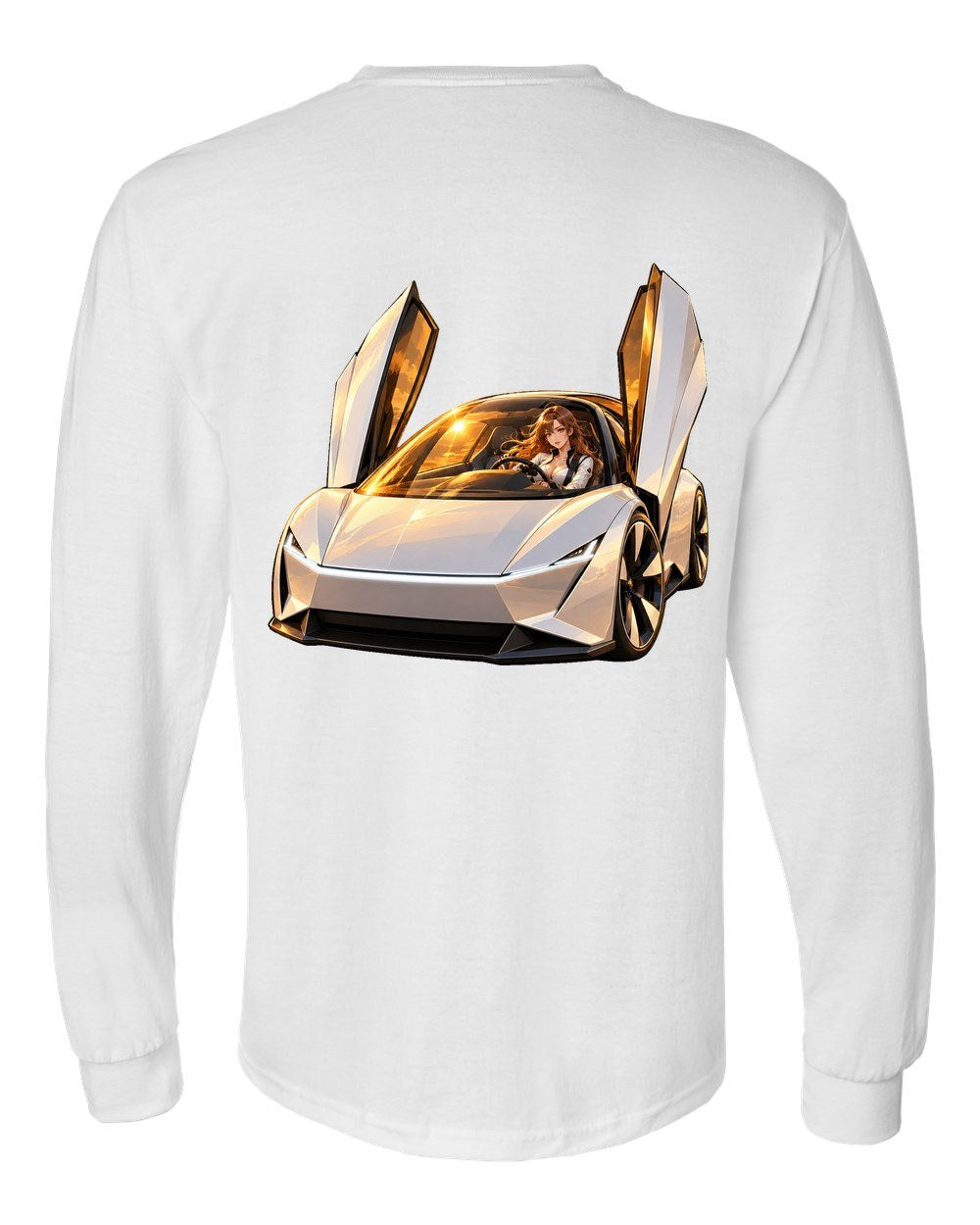 Tesla Roadster Golden Hour Anime Girl Long Sleeve White back