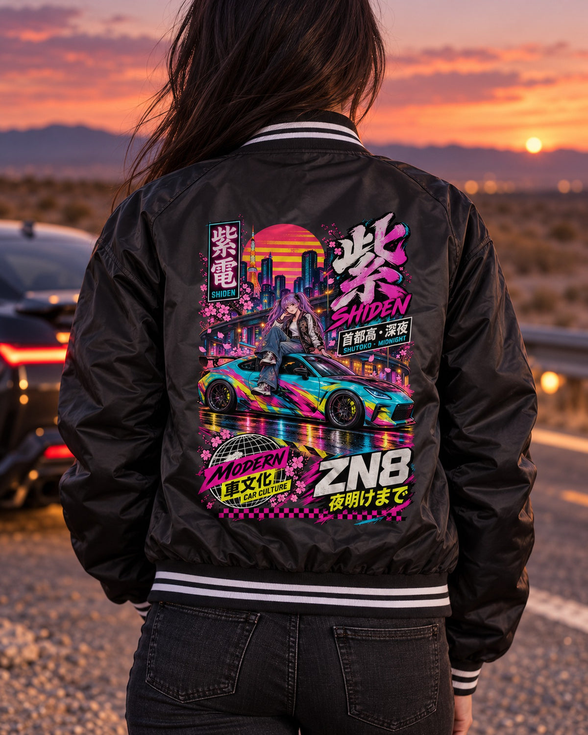 SHIDEN ZN8 Anime Girl Full-Back Graphic Tee Bomber Jacket Black worn hero