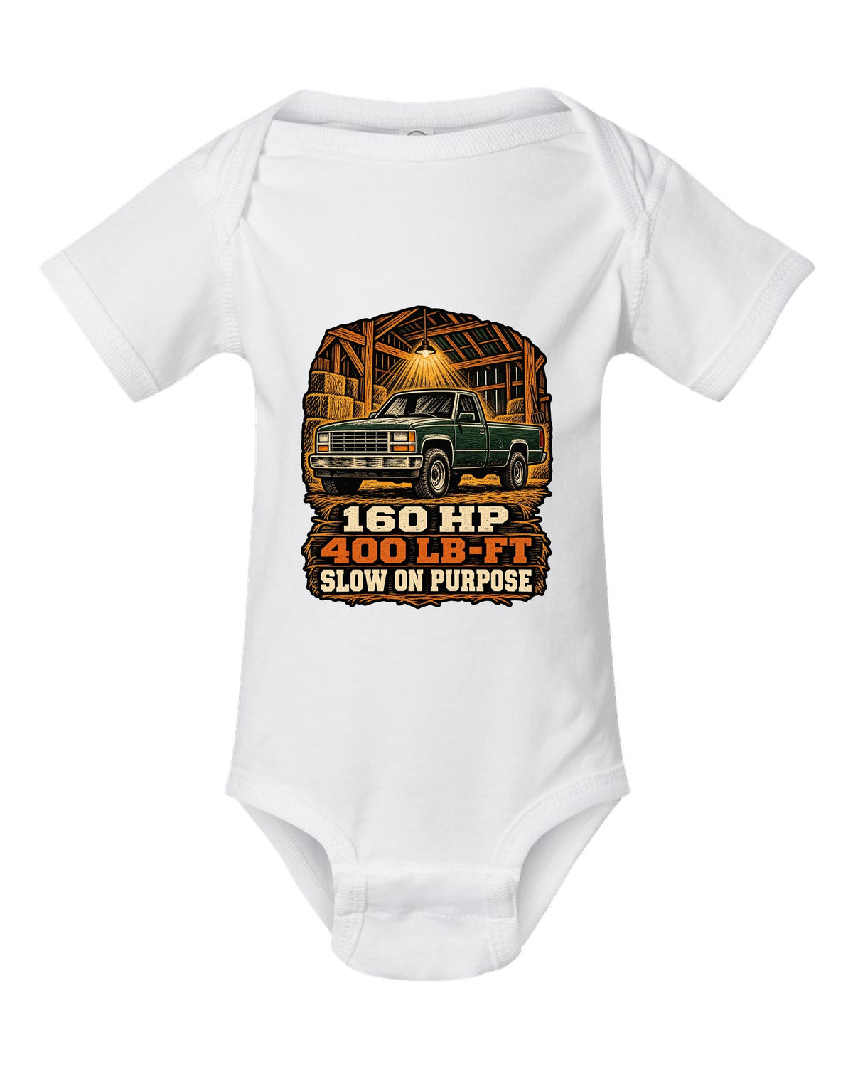 Woodcut style print of a 1989-1993 Dodge Ram D250 Cummins on an oversized shirt white baby onesie front view with the design
