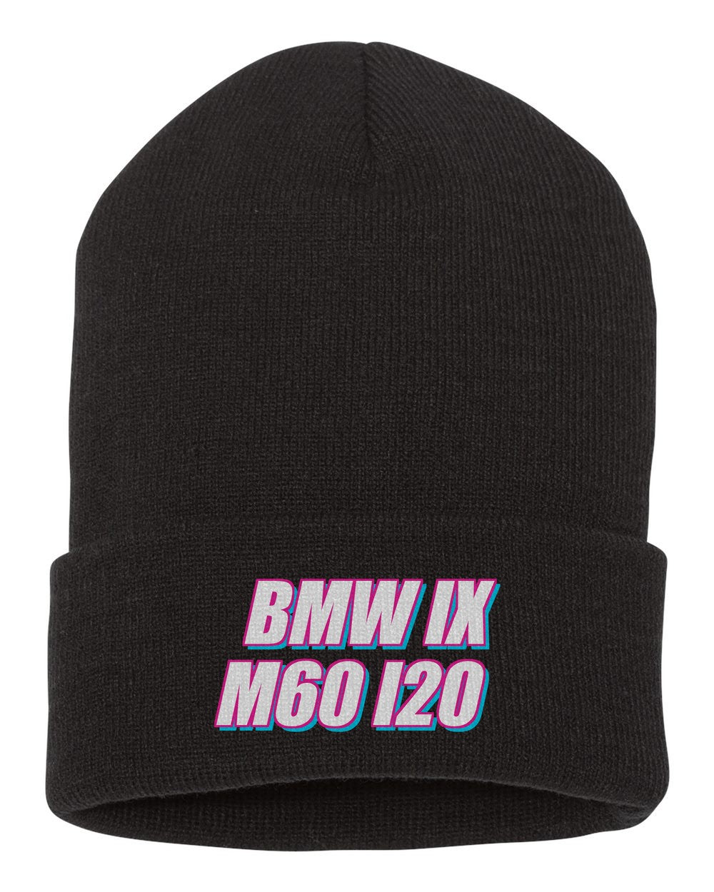 Bmw Ix M60 I20 black beanie front view with car name