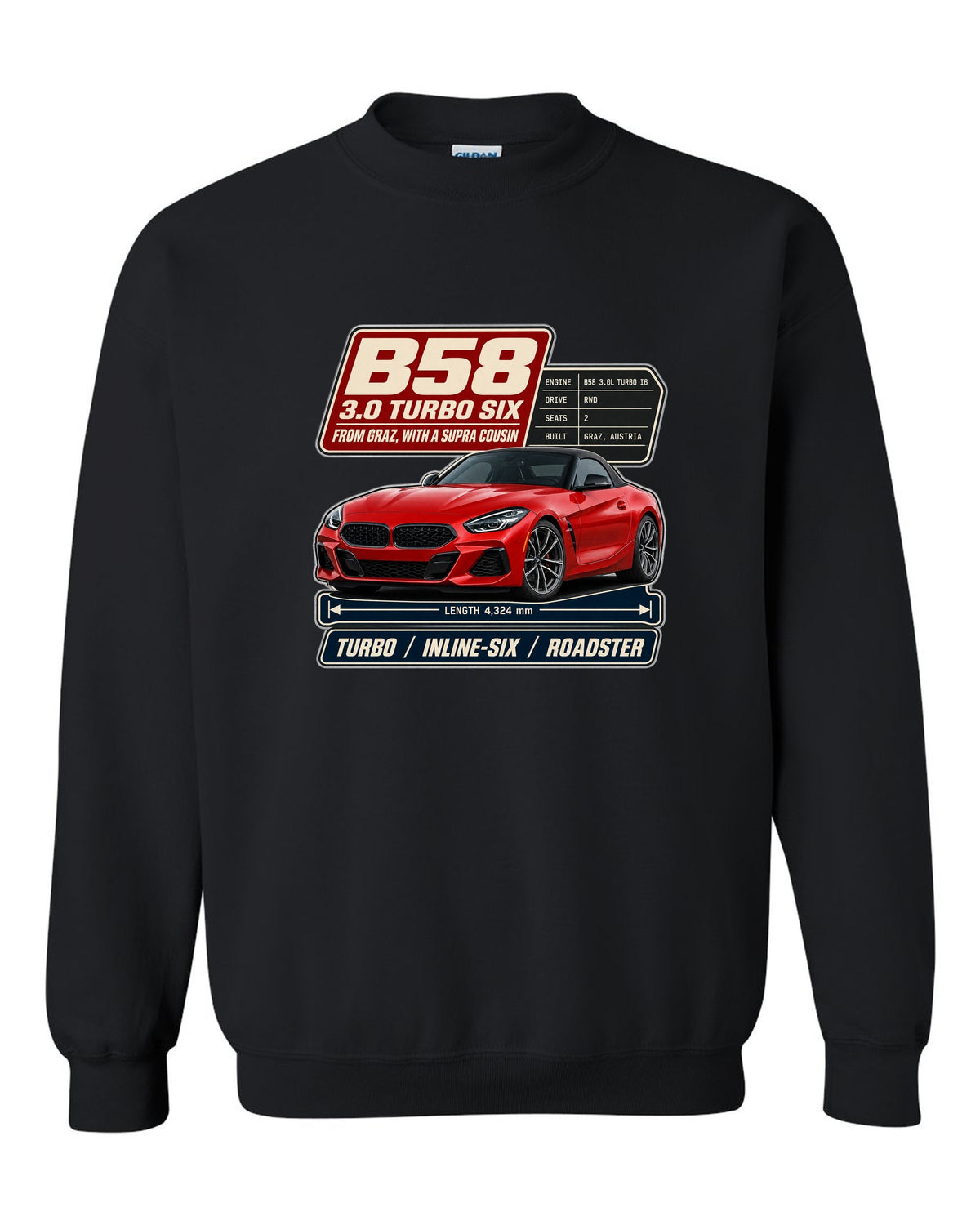 Spec poster print of the BMW Z4 M40i with B58 3.0 turbo six notes black crewneck front view with the design