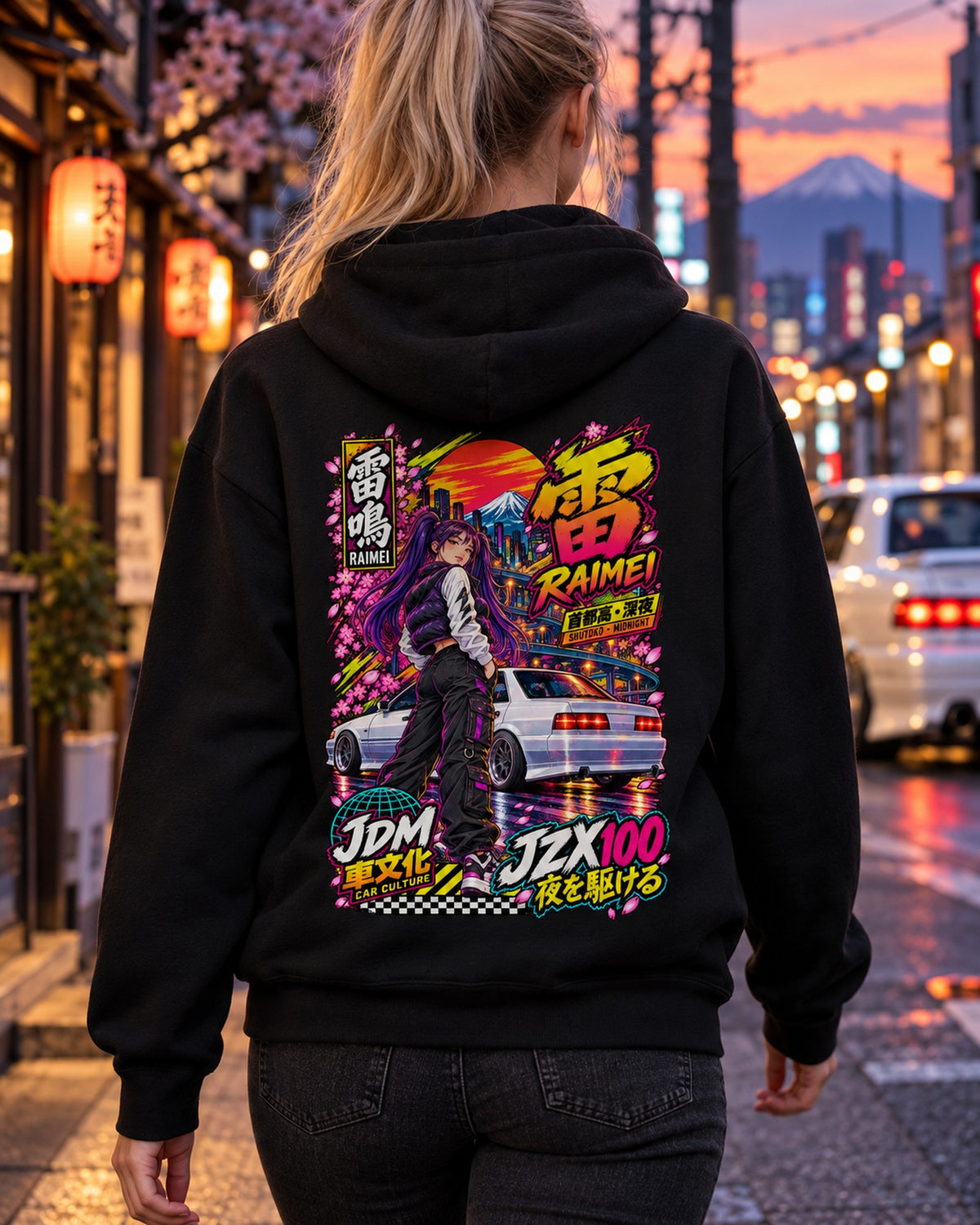RAIMEI JZX100 Anime Girl Full-Back Graphic Tee Pull Over Hoodie Black worn hero