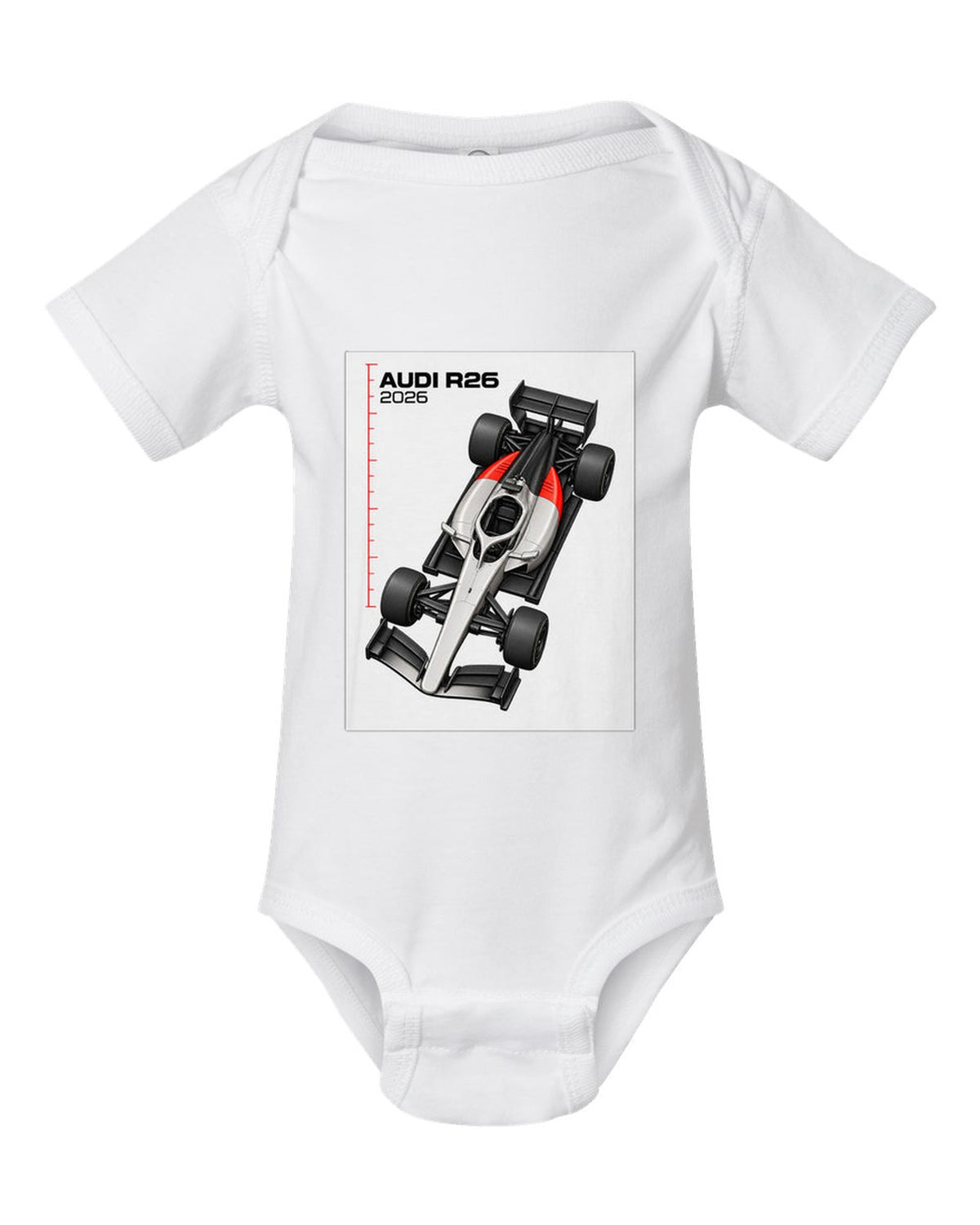 Audi R26 2026 F1 car technical poster artwork white baby onesie front view with the design