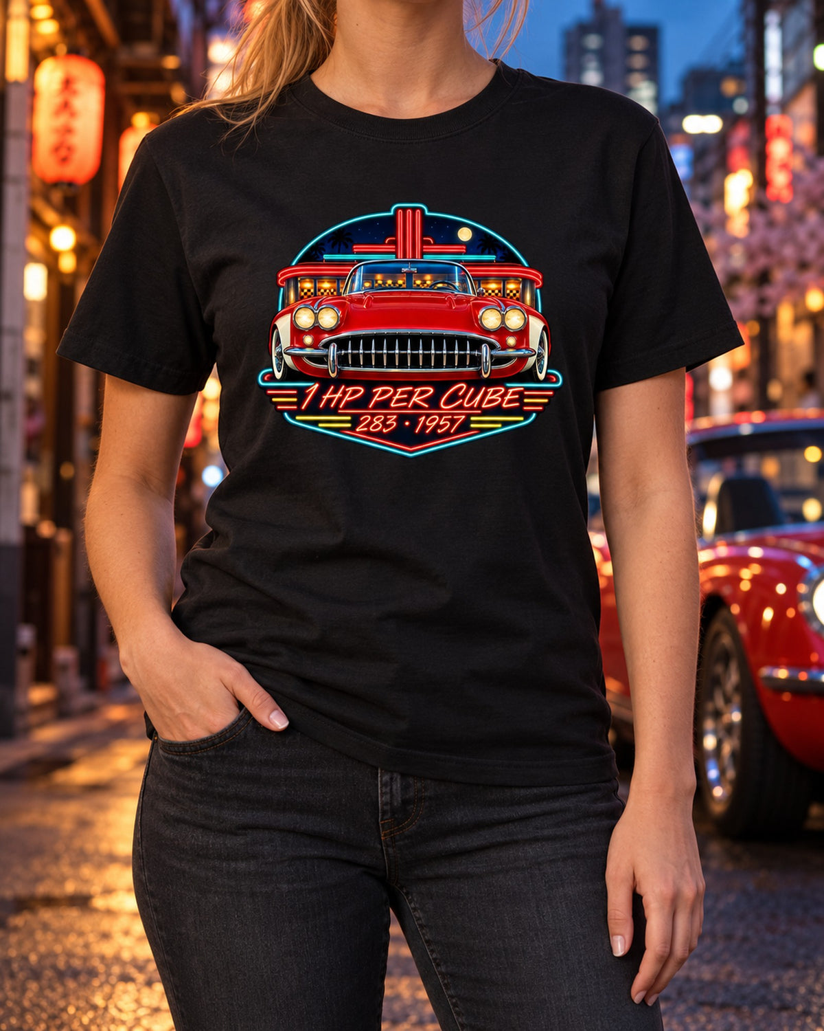 1957 Corvette C1 Diner Neon Sign Shirt, 283 Small-Block Tee T-Shirt Black worn hero