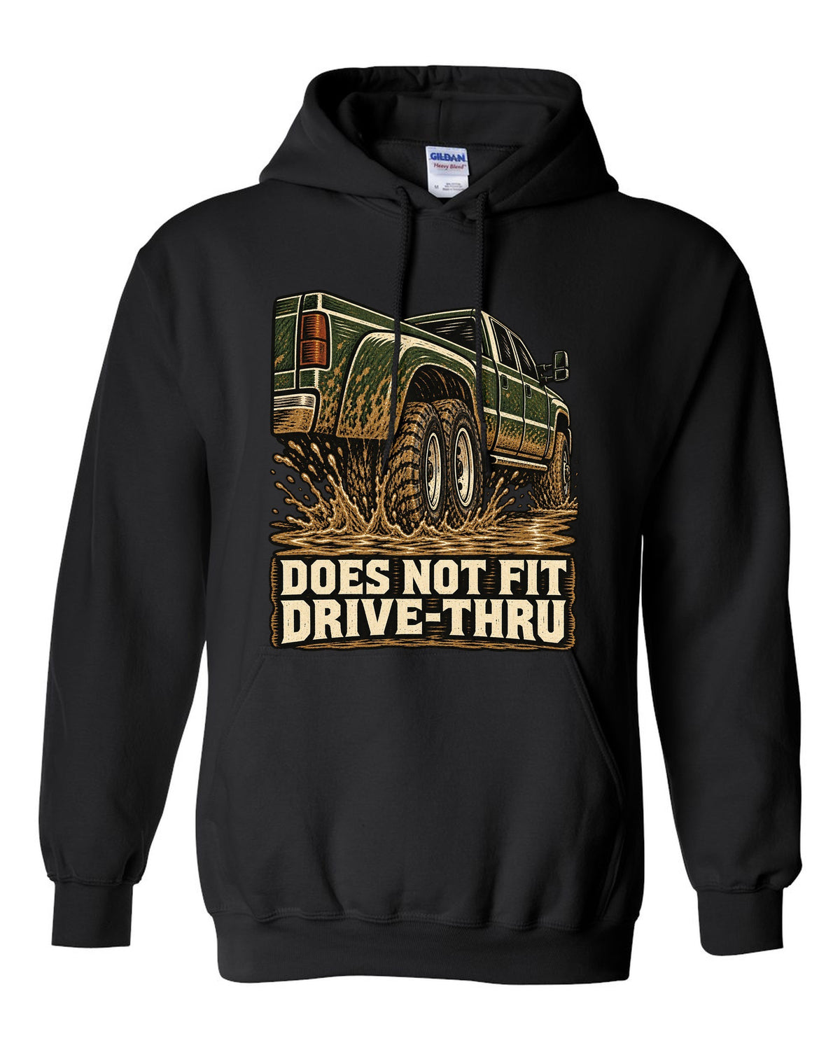 Woodcut print of a 1994-1998 Dodge Ram 3500 dually Cummins with drive-thru text black pull over hoodie front view with the design