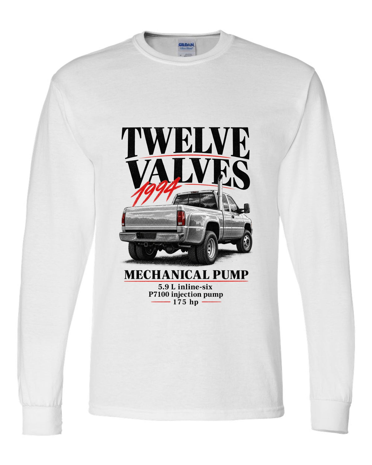Editorial print of a 1994-98 Dodge Ram 2500 2nd gen 12-valve in a rear three-quarter view white long sleeve front view with the design