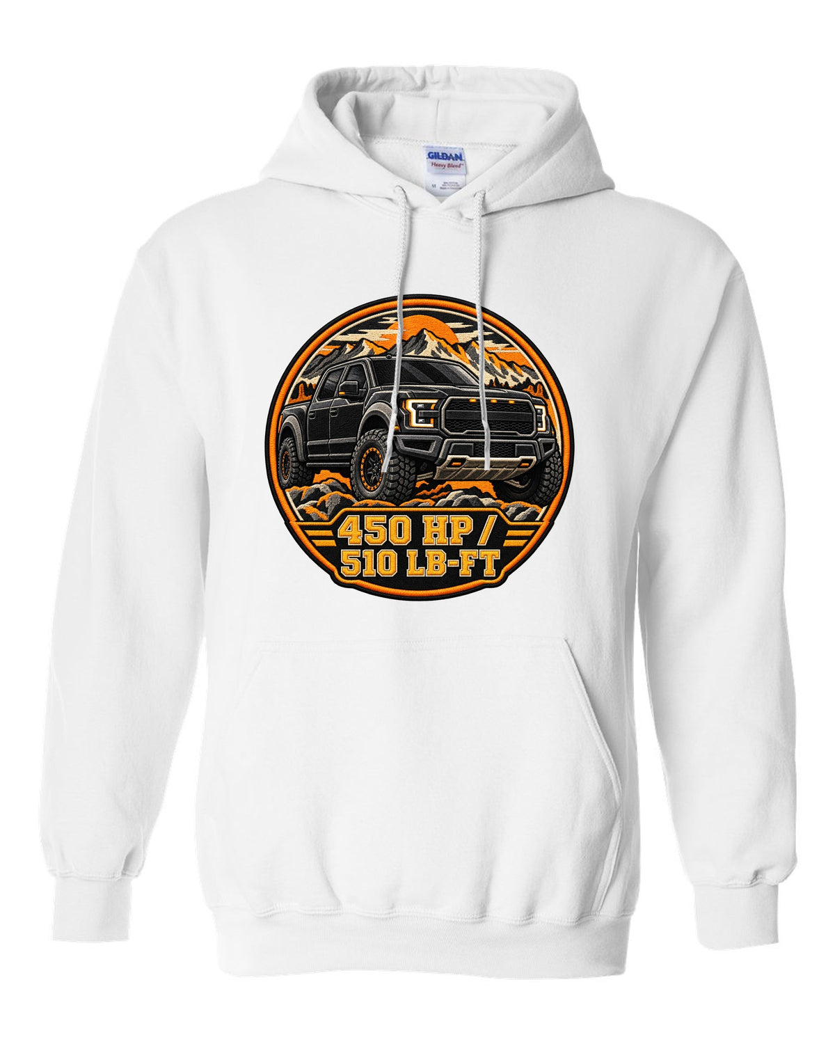 Varsity crest print for a 2017-20 Gen 2 Ford F-150 Raptor P552 with 450 hp text white pull over hoodie front view with the design
