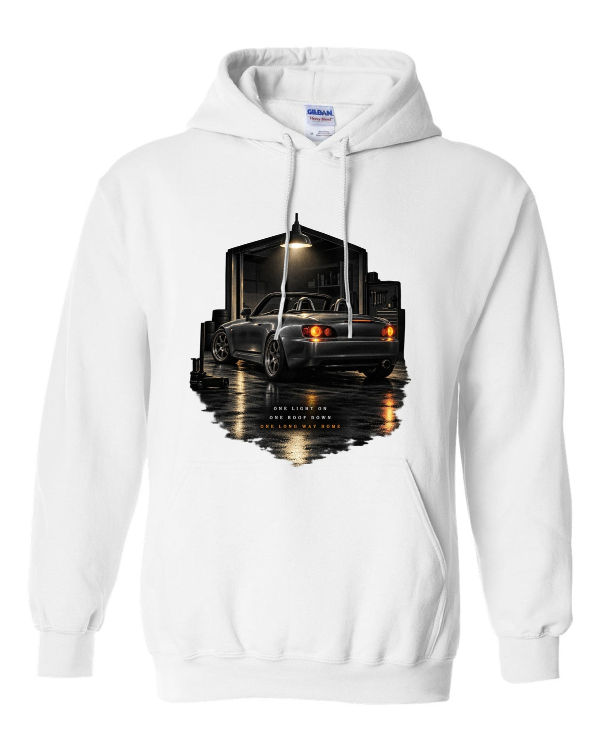 Honda S2000 AP1 roadster garage night design with roof down long way home text white pull over hoodie front view with the design