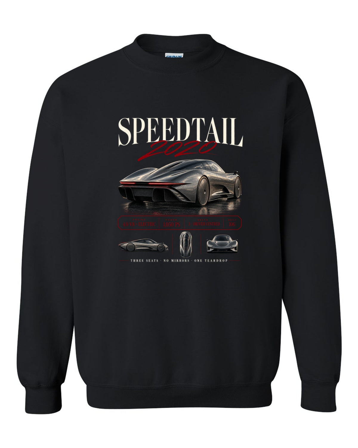 Archive panel print of a 2020 McLaren Speedtail with three seats and no mirrors text black crewneck front view with the design