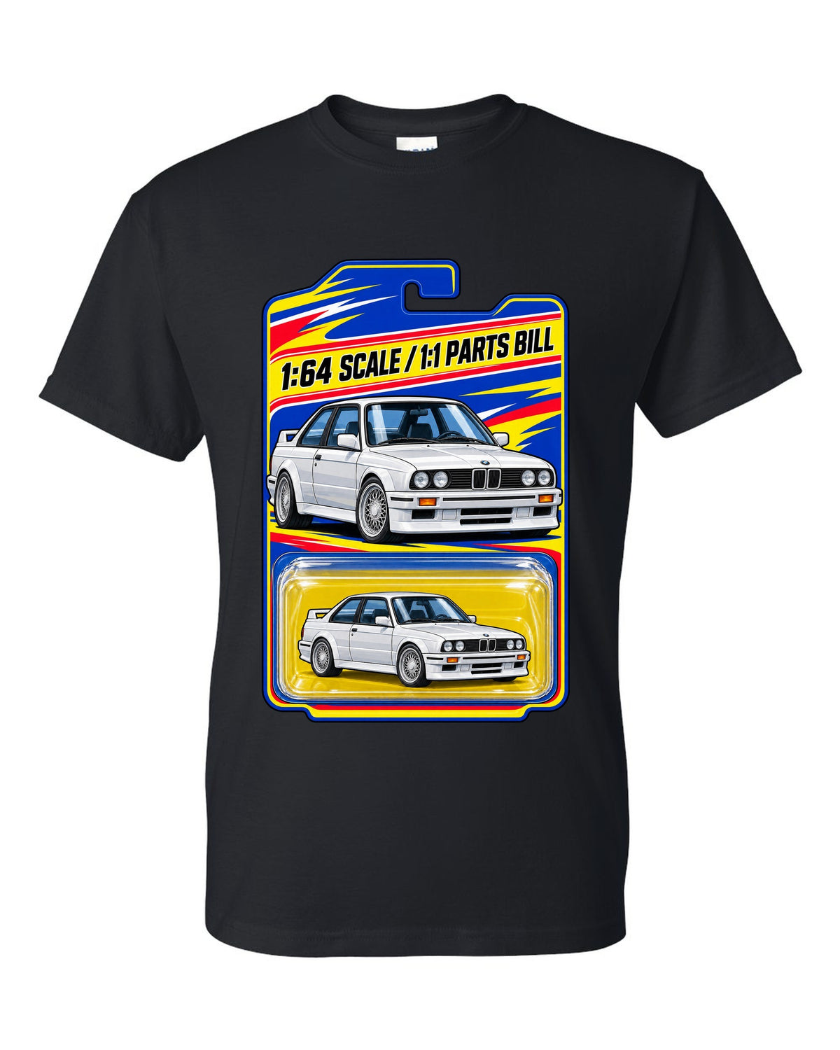 Vaporwave pastel print of a BMW E30 M3 slicktop with roof leaks not included text black t-shirt front view with the design