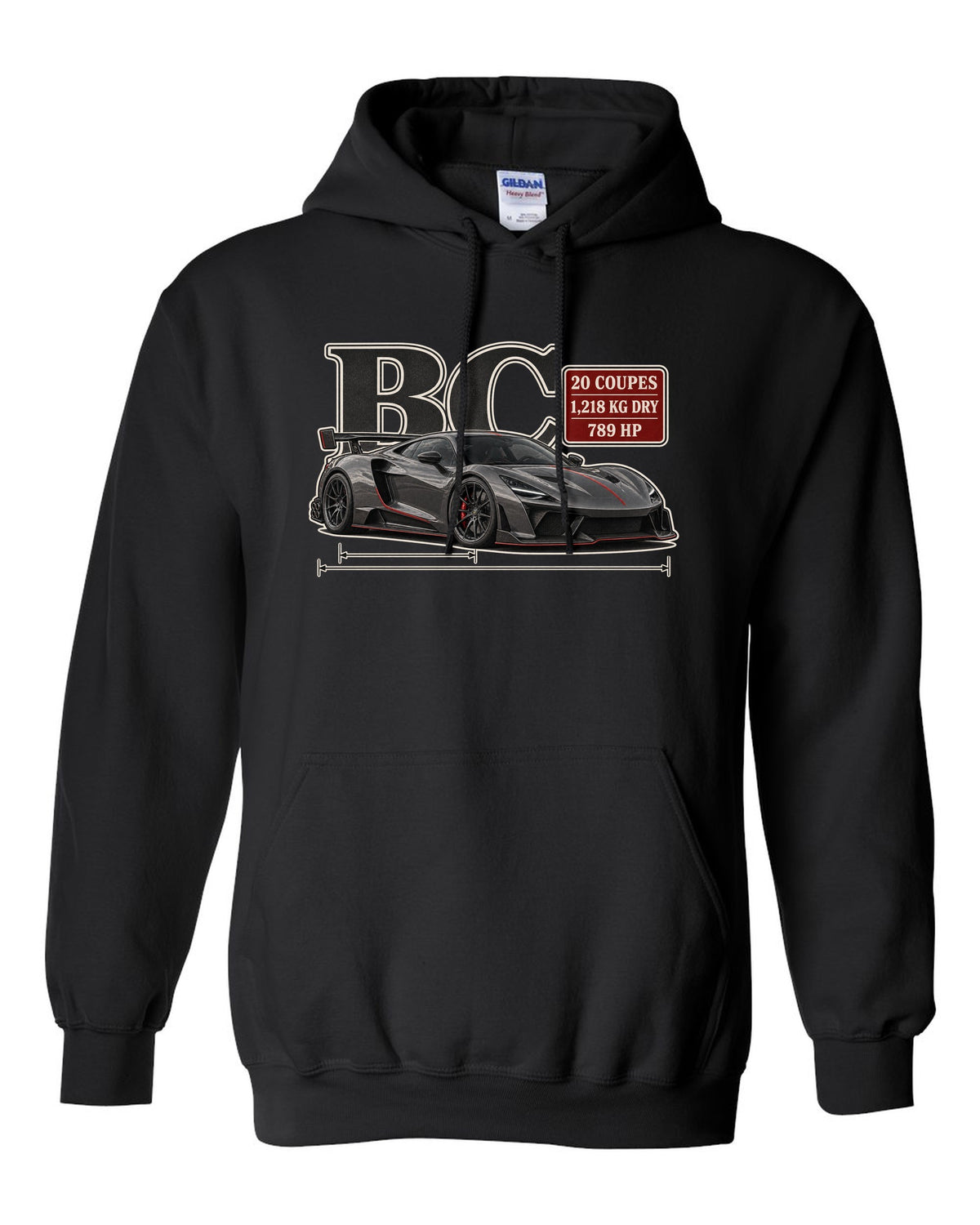 Archive panel print of the Pagani Huayra BC with the text BC, 20 coupes, 1,218 kg dry, 789 hp black pull over hoodie front view with the design