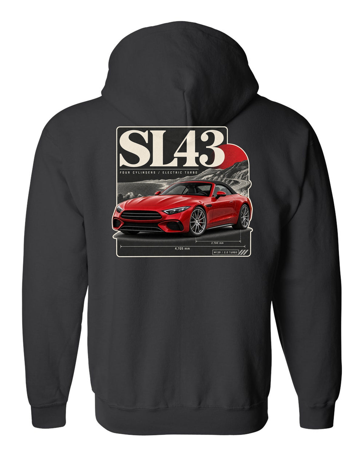 SL43 R232 Electric Turbo Editorial black zip hoodie back view with the design