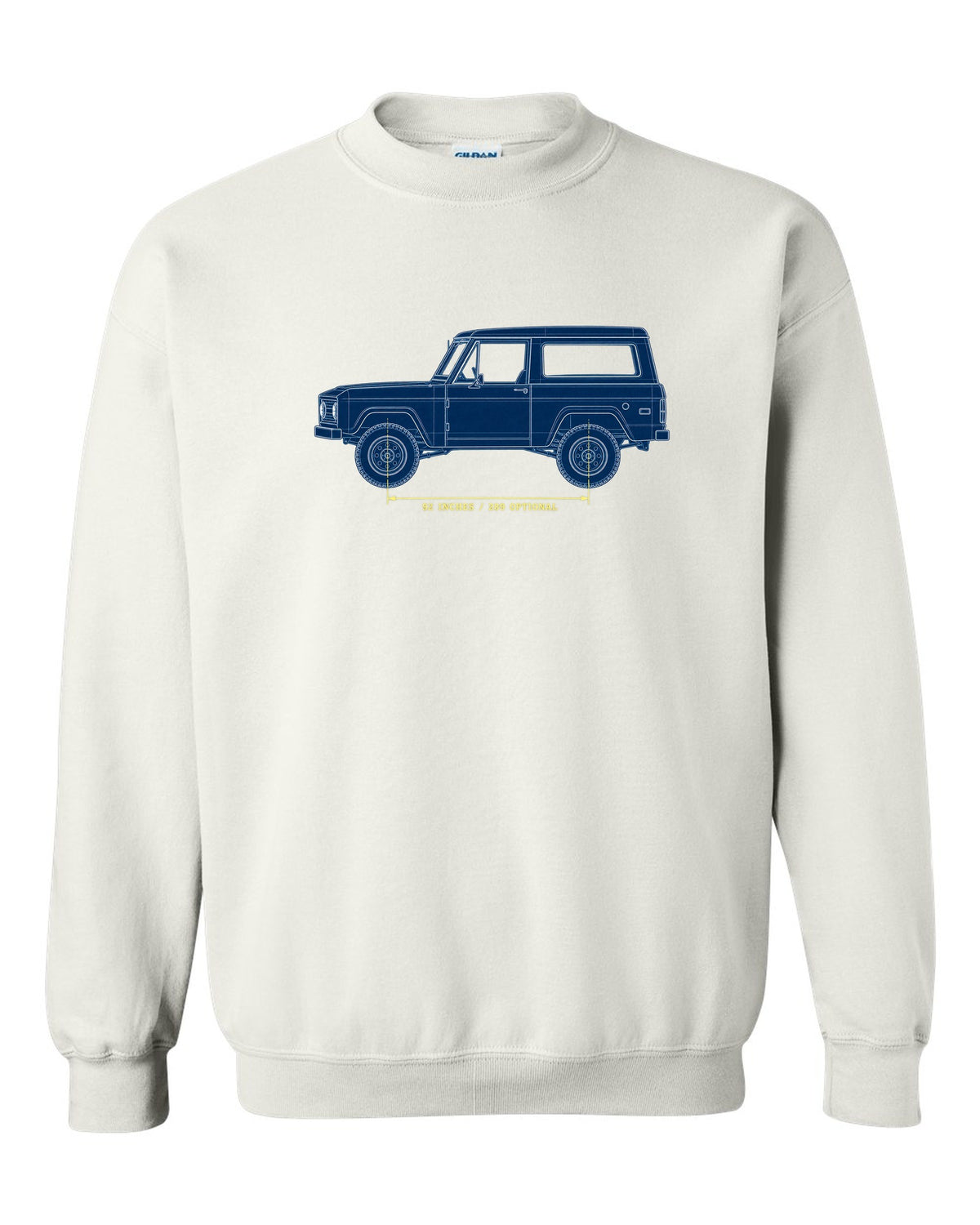 Patent-sheet blueprint drawing of a 1966-77 Ford Bronco U15 wagon with 92 INCHES and 289 OPTIONAL notes white crewneck front view with the design