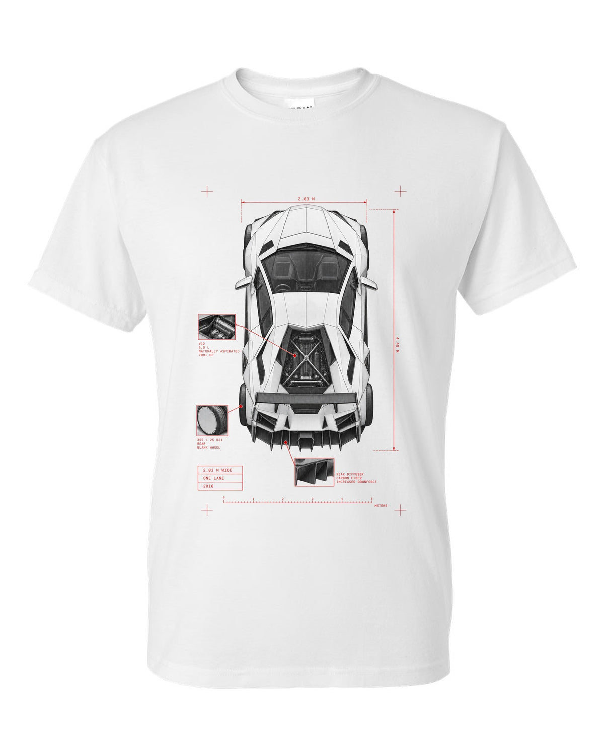 Lamborghini Aventador S LP740-4 spec poster print reading 2.03 M wide, one lane, 2016 white t-shirt front view with the design