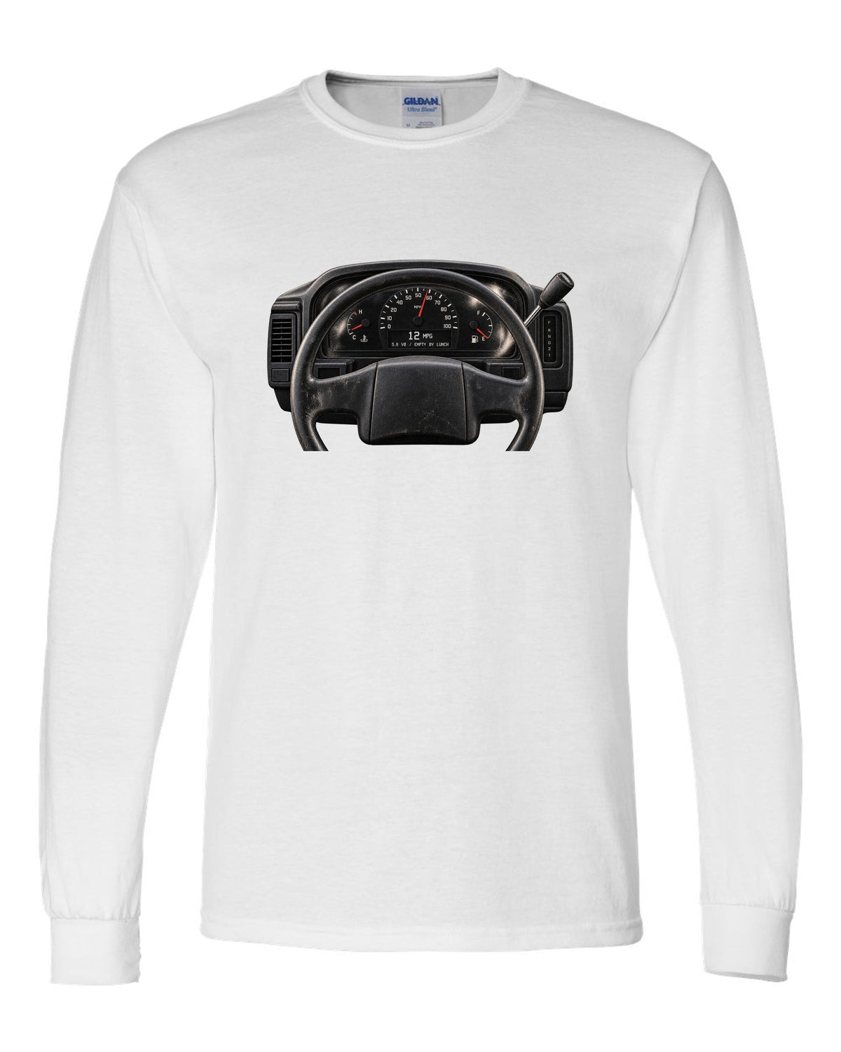 Gauge cluster print of a 1992-96 Ford Bronco OBS with 5.8 V8 and 12 MPG text white long sleeve front view with the design