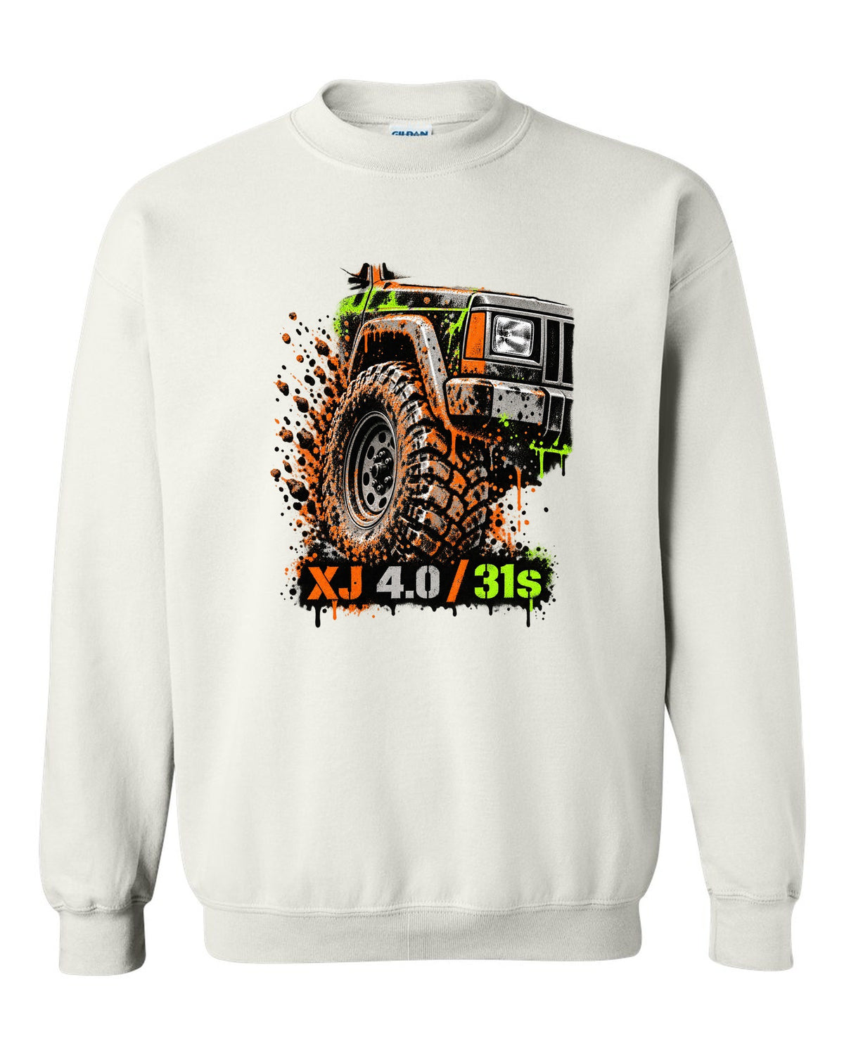 Stencil spray street art print of a muddy Jeep Cherokee XJ wheel with XJ 4.0 31s text white crewneck front view with the design