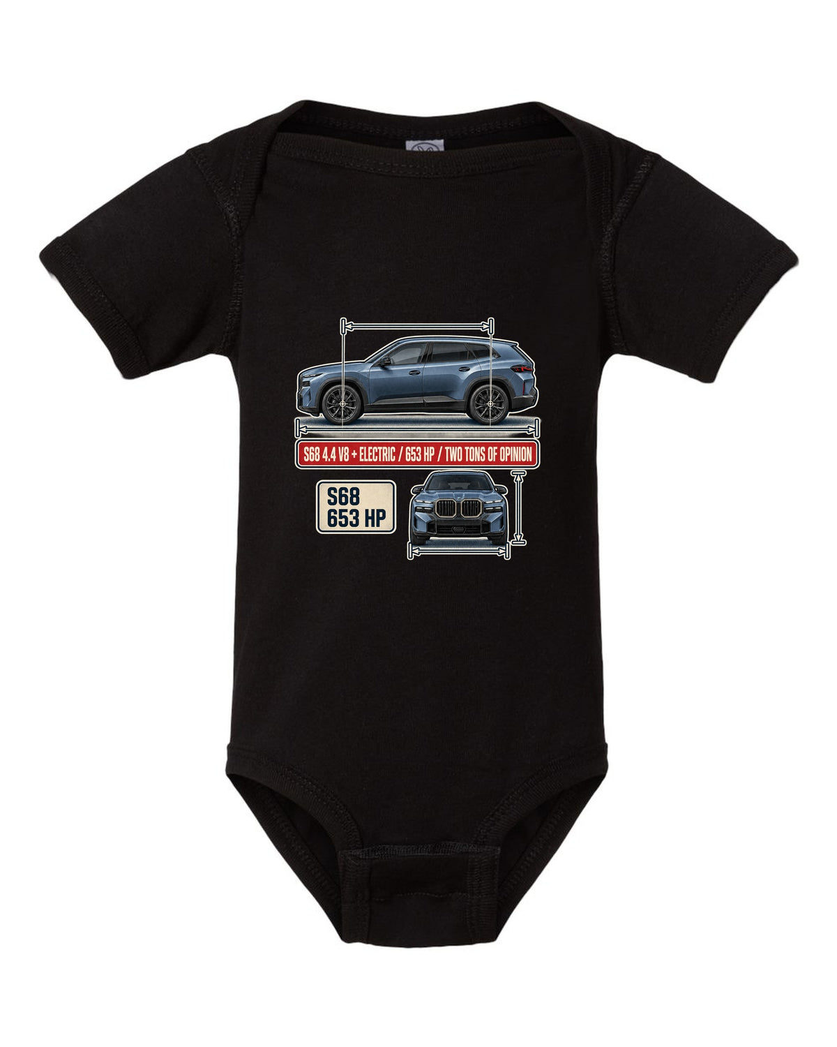 BMW XM G09 dimension blueprint print on a tee black baby onesie front view with the design