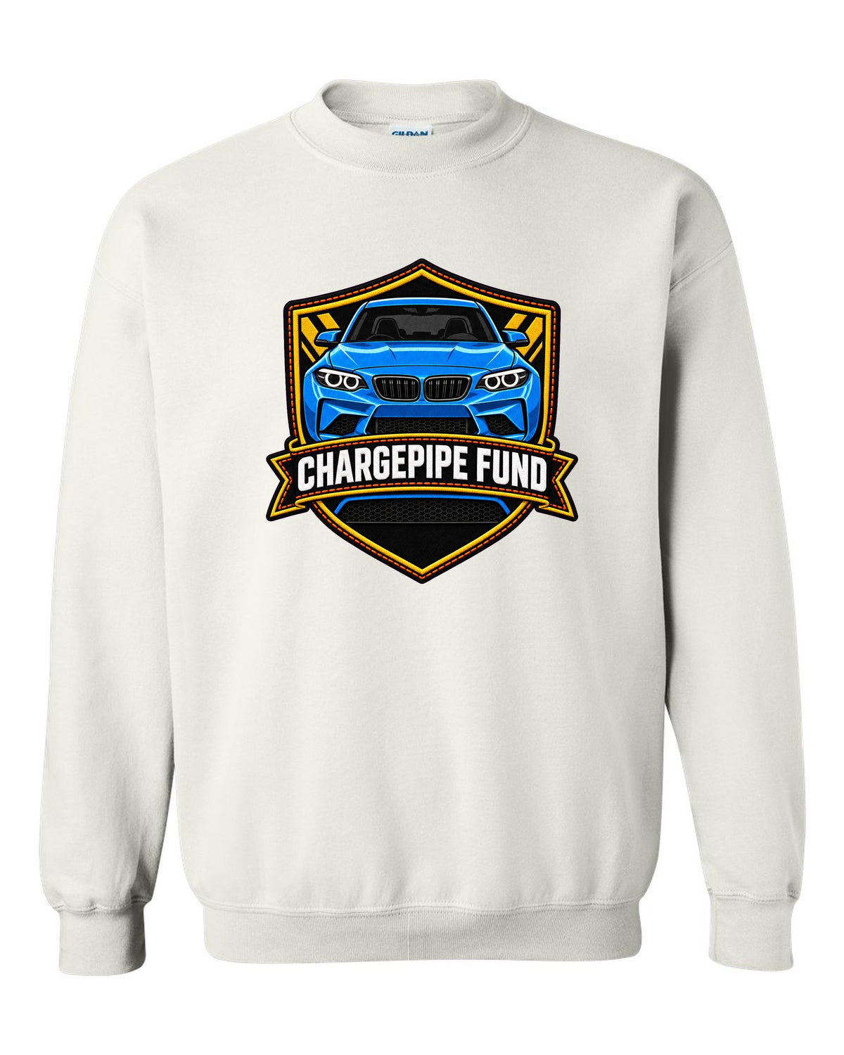 Linocut woodcut-style print of a BMW M2 G87 brake duct with 453 HP text white crewneck front view with the design