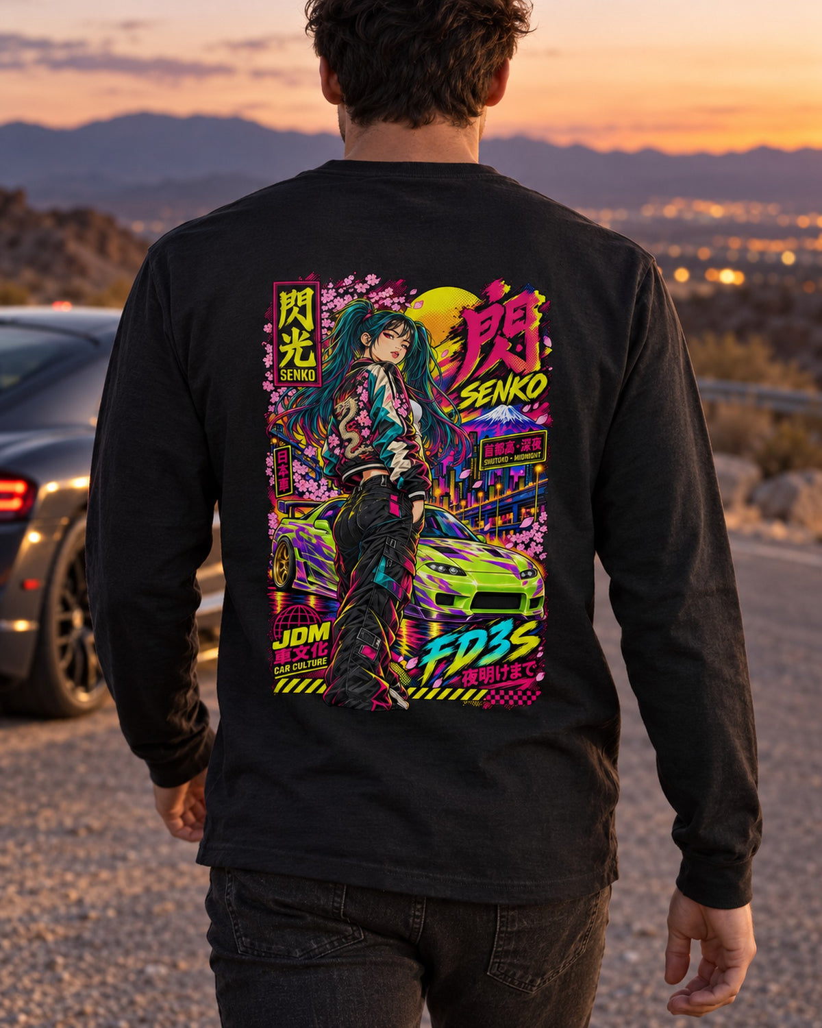 SENKO FD3S Anime Girl Full-Back Graphic Tee Long Sleeve Black worn hero
