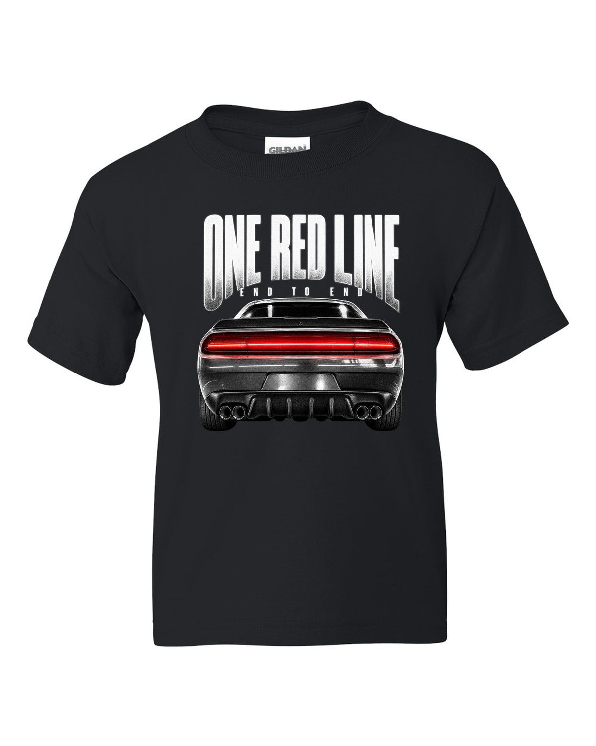 Taillight macro print of a 2015 Dodge Challenger Scat Pack with a single red line black kids tee front view with the design