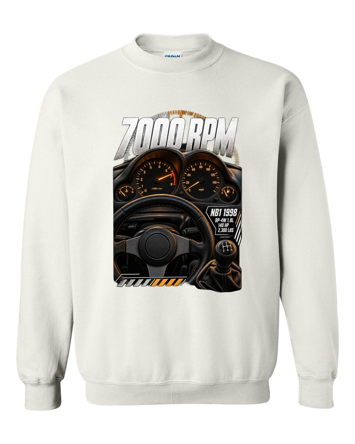 Cockpit gauge print for the 1998 Mazda MX-5 NB1 with 7000 rpm, BP-4W 1.8L and 140 HP white crewneck front view with the design
